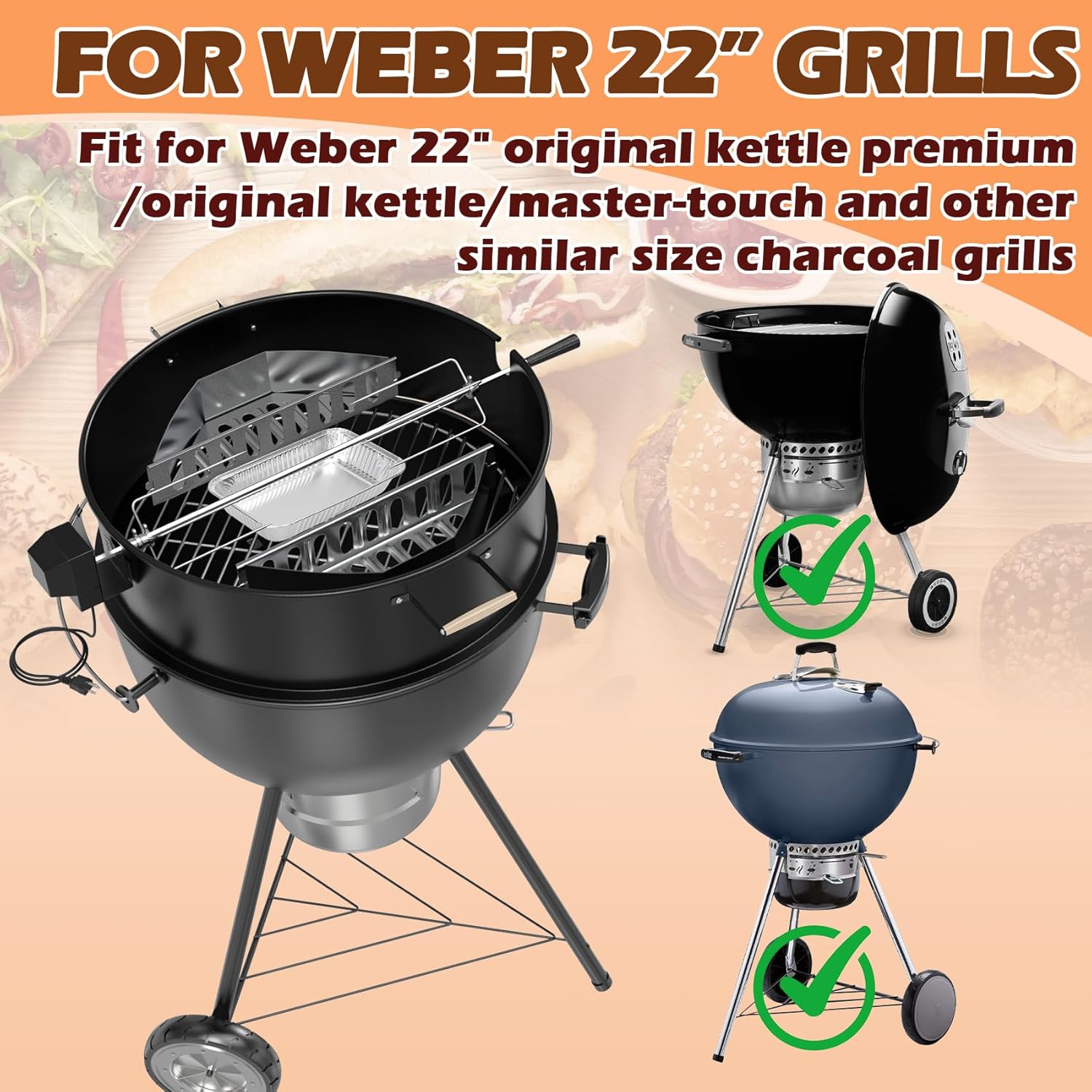 Upgraded Rotisserie Kit for Weber 22 inch Kettle Charcoal Grills Accessories, Rotisserie Grill Kit for Weber & Other Similar Size Grills, with Handles, Charcoal Baskets,10 Pcs Drip Pans, Black
