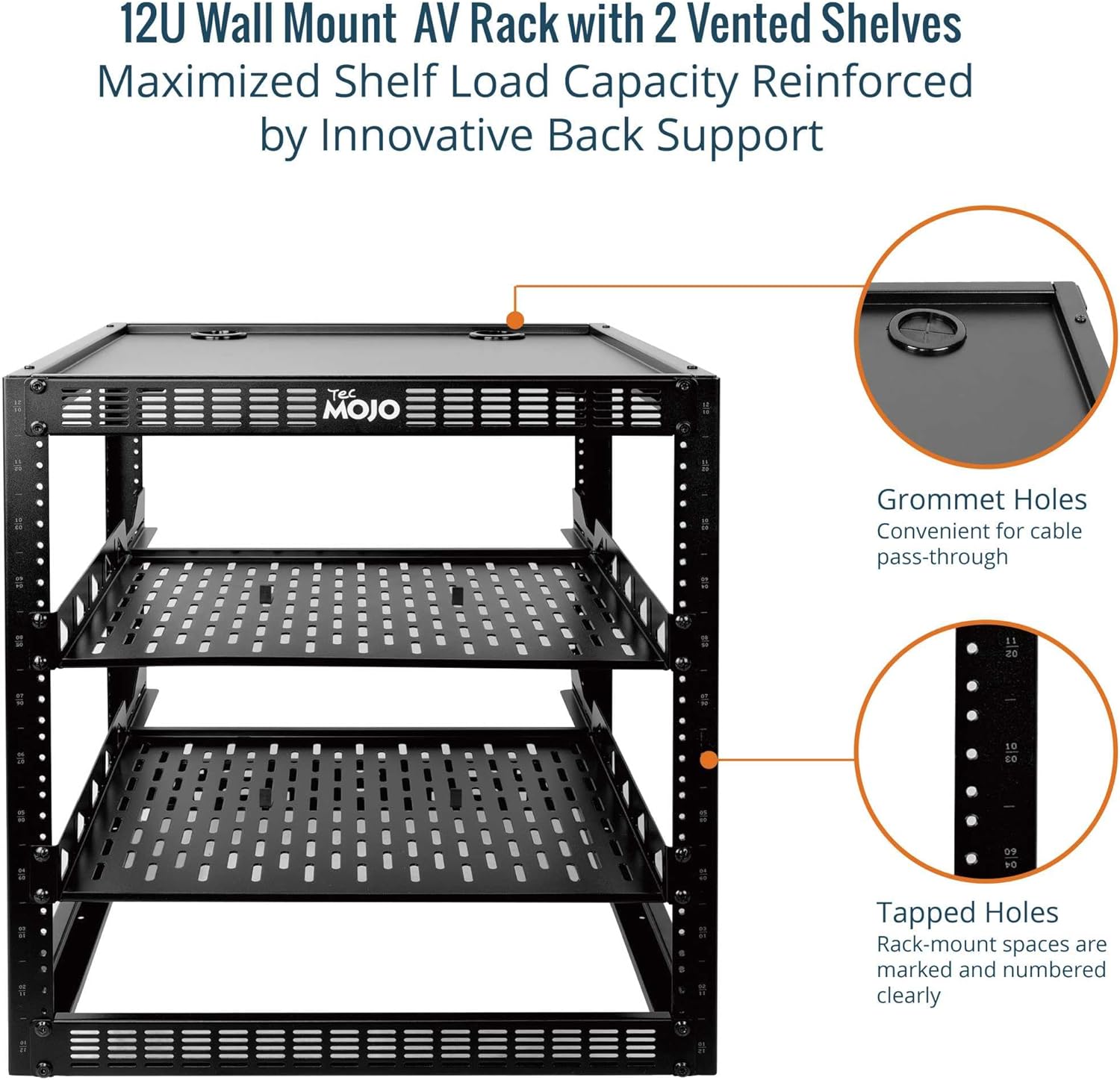 Tecmojo 12U Open Frame Network Rack for IT & AV Gear, AV Rack Floor Standing or Wall Mounted,with 2 PCS 1U Rack Shelves & Mounting Hardware,Network Rack for 19