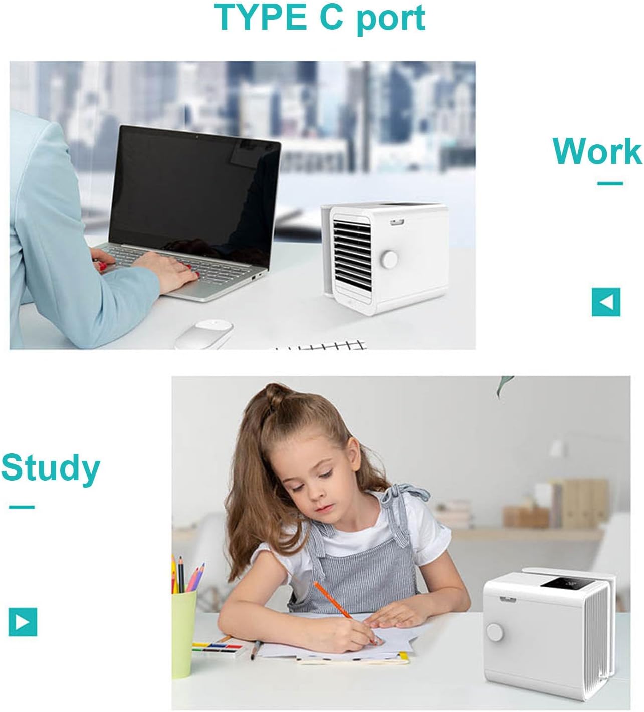 Portable Air Conditioner Fan with 7 Color LED Lights, 1000ml Water Tank, USB Type-C, 99- Control, Mini Evaporative Cooler for Room, Office, Home