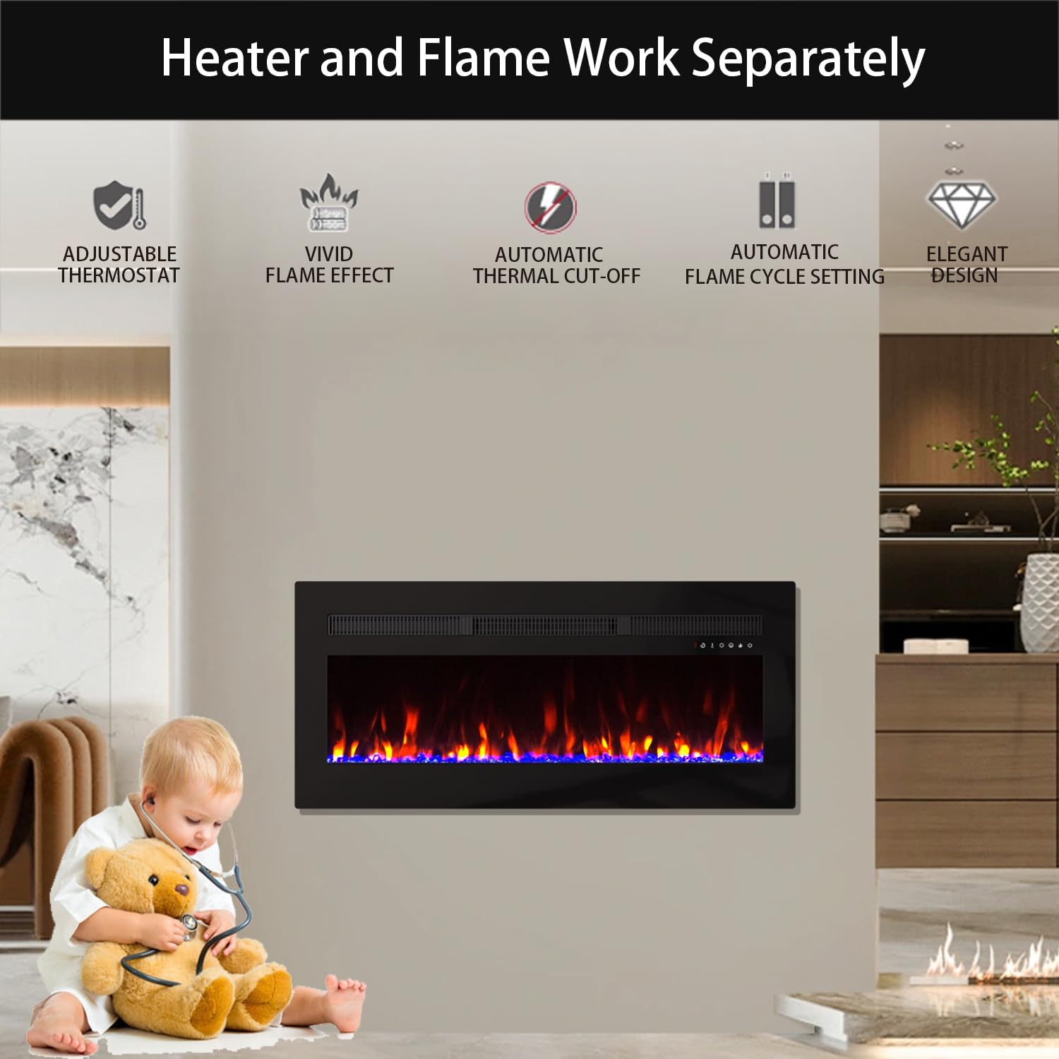 Panana Electric Fireplace Heater Wall Mounted, 60 inch Wide Recessed Electric Fireplace, 1400W, 8H Timer, 20 Color Flame, Remote Control, Log Set & Crystal