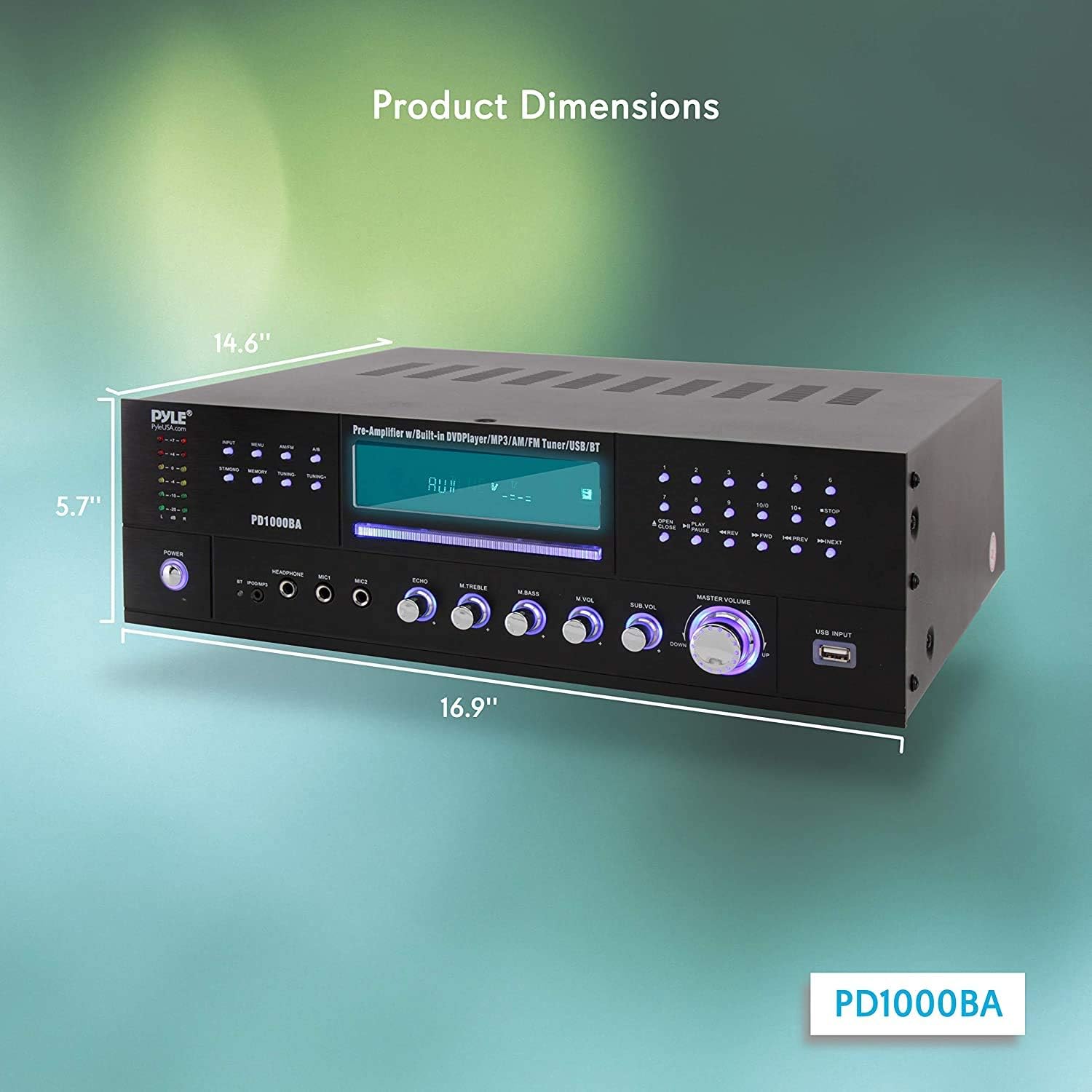 Pyle 4-Channel 1000W Power Amplifier with Bluetooth - Wireless Stereo Home Audio Receiver w/ Front Loading CD DVD Player, FM Radio, USB-A, Headphone, 2 Microphone w/ Echo, LED, Rack Mount - PD1000BA