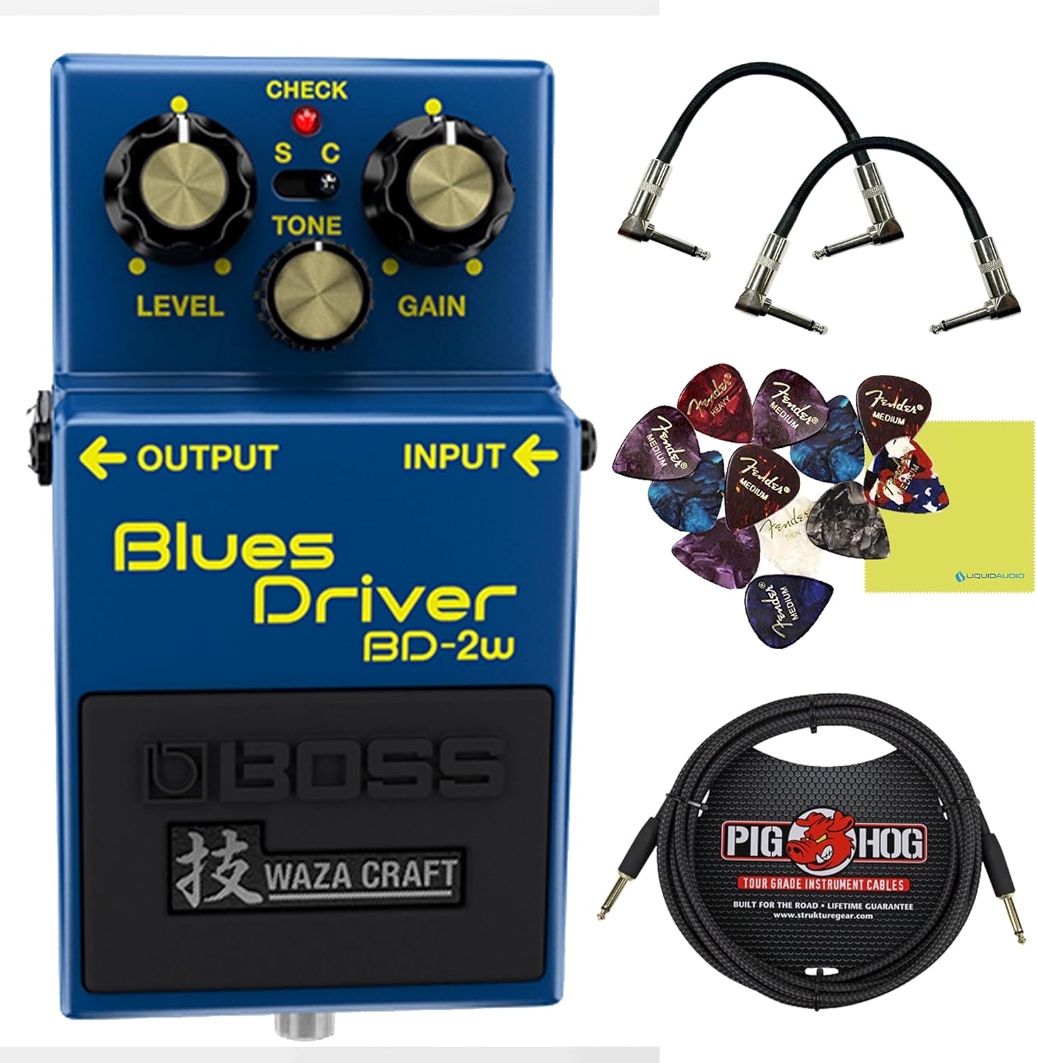 Boss BD-2W Blues Driver Pedal Bundle w/ 2-Pack Strukture S6P48 Woven Right Angle Patch Cable, Pig Hog PCH10BK 