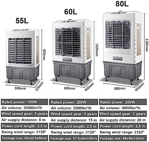 Portable Air Cooler, 3 In 1 Evaporative Air Conditioner with 80L Large Capacity Water Tank, Oscillating Louvres, Lightweight, Low Noise, 3 Wind Speeds for Outdoor Indoor Use (Size : 80L)