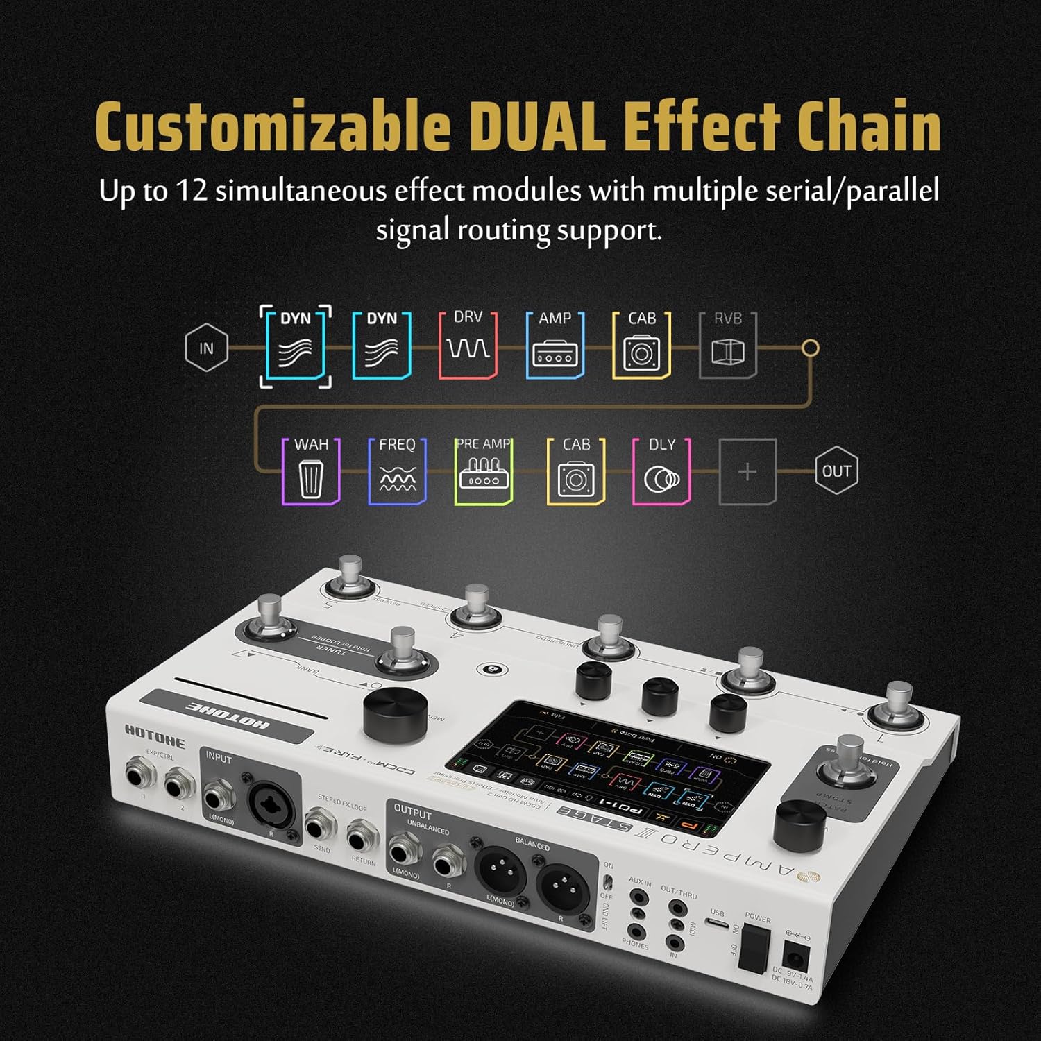 HOTONE Multi-Effects Pedal Dual Effect Chains with FX Loop MIDI I/O Stereo OTG USB Audio Interface Touch Screen Ampero II Stage(Include 10 PCS Additional Footswitch Toppers By VOLKTONE)