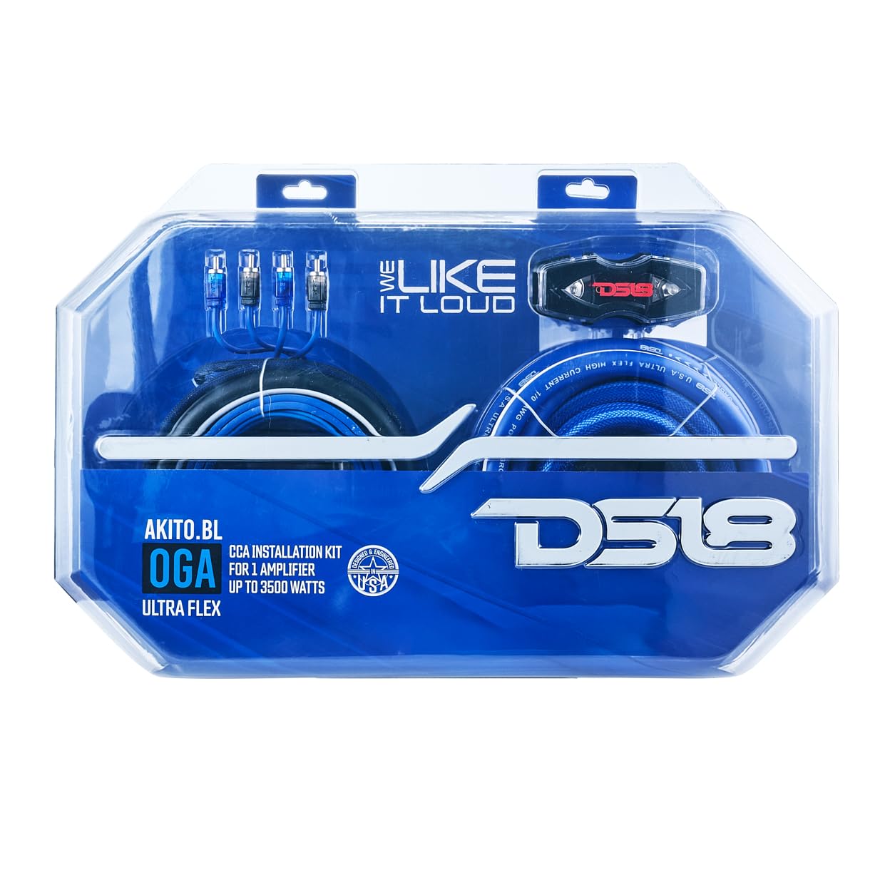 DS18 AKIT0.BL 0-GA Amplifier Installation Wiring Kit with Fuse Holder 250A, Up to 3500 Watts RMS, Ultra Flex Wire, Amp Wire Kit, Amp Wiring Kit 0 Gauge - Blue