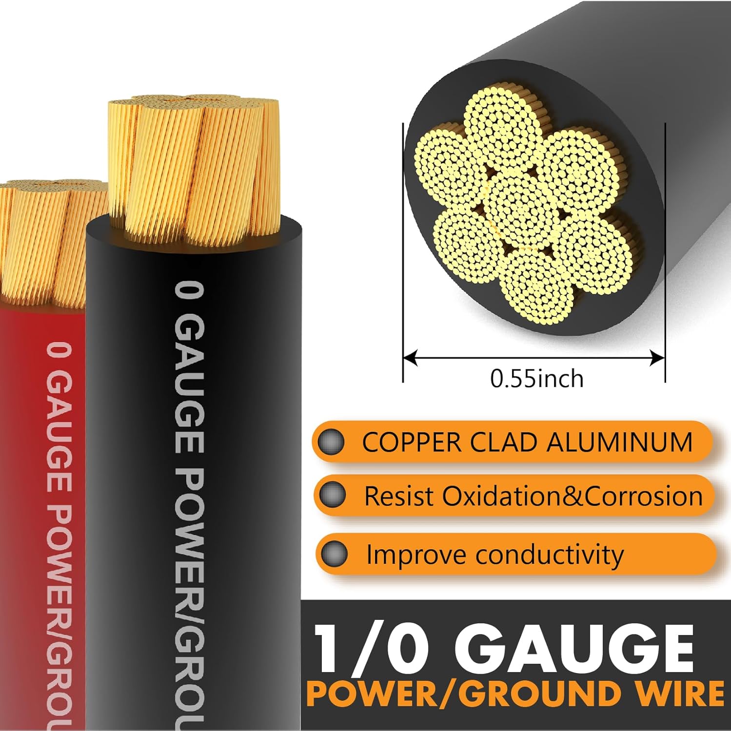 12v Bus Bar 5 Post 300A Power Distribution Block 1/0 Gauge Wire (40ft) Copper Clad Aluminum CAA Car Amplifier Power Ground Cable
