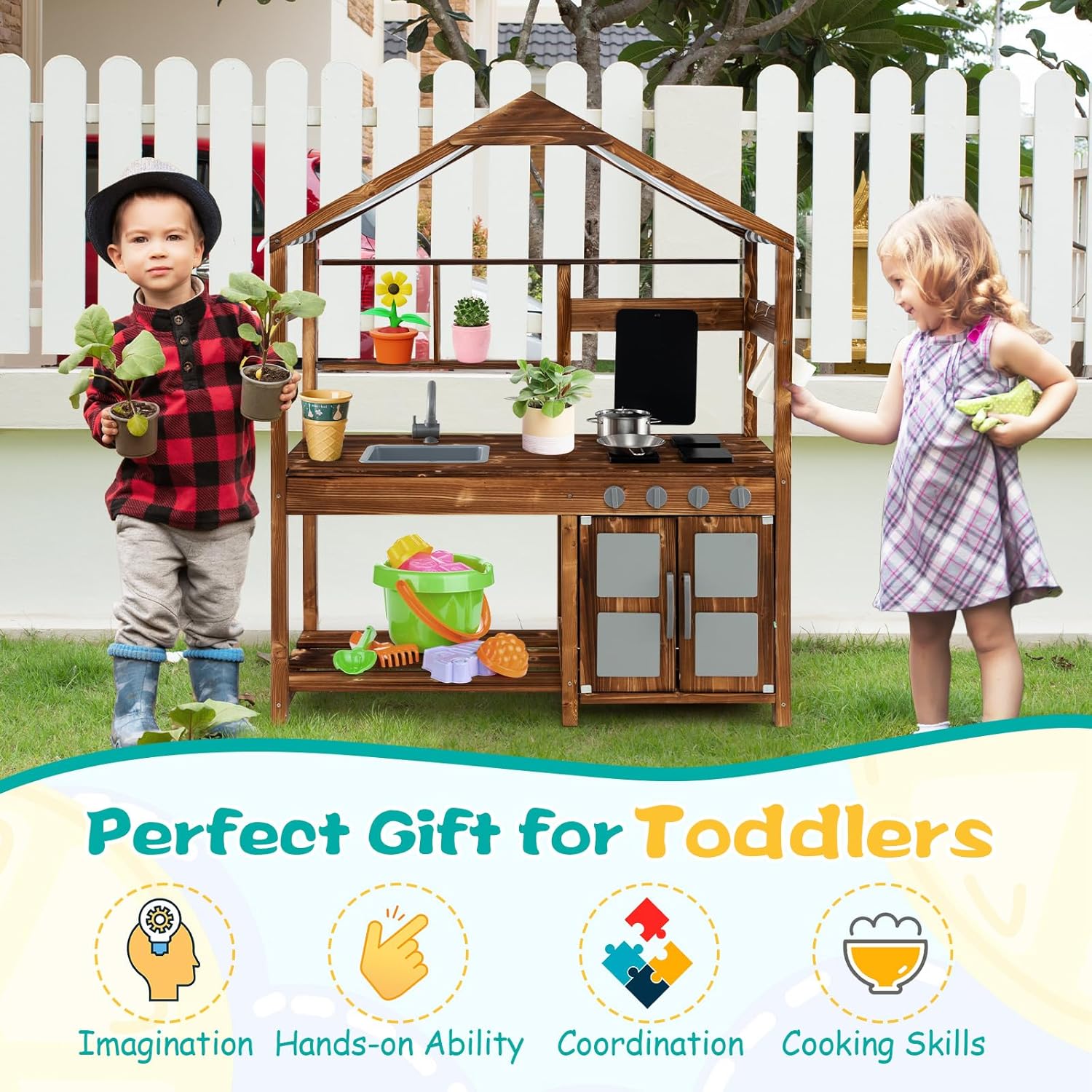 KOTEK Mud Kitchen with Canopy, Outdoor Play Kitchen with Removable Sink, Chalkboard, 4 Stoves, Cooking Accessories & Storage Cabinet, Wooden Toy Kitchen Playset for Kids Age 3+