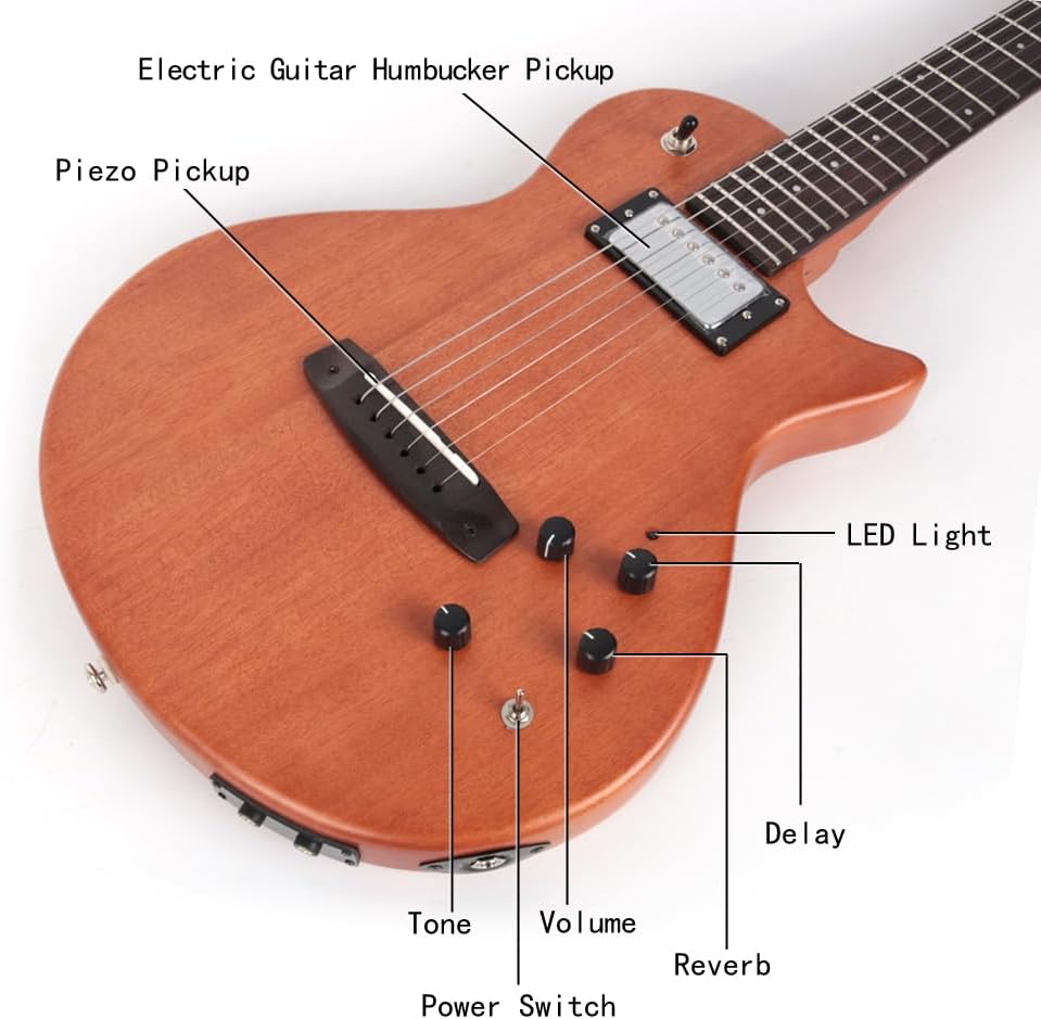 Fojill Hybrid Electric Acoustic Guitar Steel String Built In Effect Reverb Delay Pratice Portable Travel Silent Solid Mahogany Body Neck Rosewood Fretboard With Padded Gig Bag