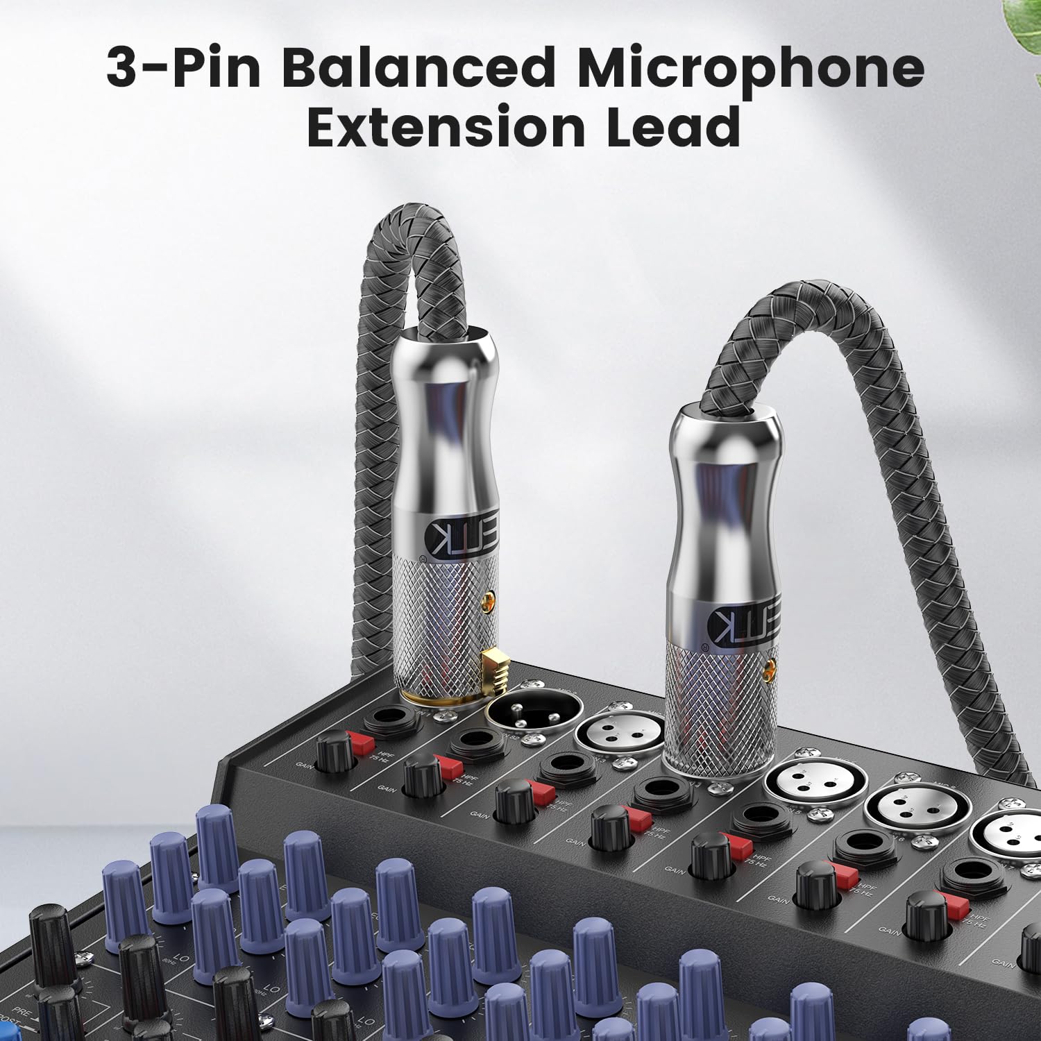 EMK XLR Microphone Cable 3-Pin Balanced (Male to Female) - 10M/30Ft Professional Audio Cord for Behringer Mixer, Mic Preamplifier, Speaker Systems - Oxygen-Free Copper, Gold-Plated Connectors (Silver)