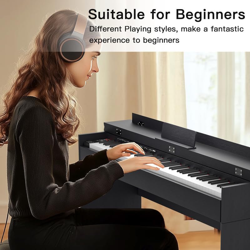 88 Key Full Size Weighted Digital Piano Keyboard, 88keys Semi-Weighted Electric Multi-Functional Keyboard piano with Stand, Pedal, Power Adapter for Beginner/Leanrner (Piano with Bench Set)