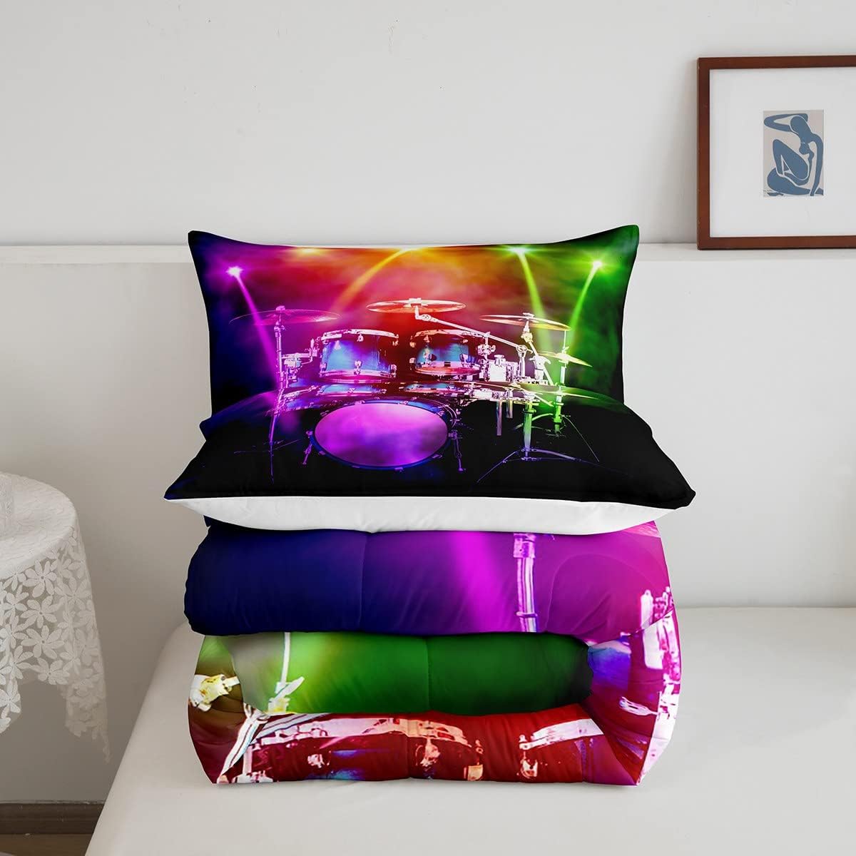 Feelyou Drum Kit Comforter Music Themed Bedding Set Musical Instruments Comforter Set for Boys Girls Kids Room Decor Colorful Glitter Duvet Set King Size with 2 Pillow Case Boys