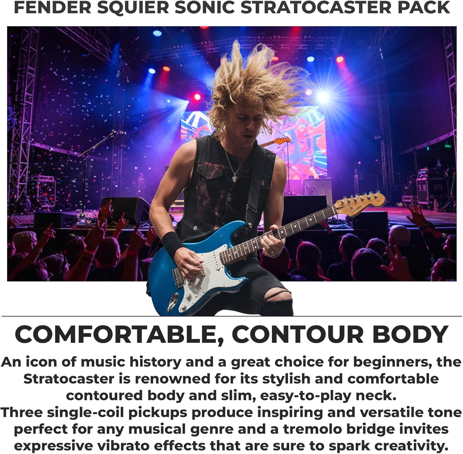 Fender Squier Sonic Stratocaster Pack - Sapphire Blue Transparent Bundle with Frontman 10G Amp, Gig Bag, Instrument Cable, Strap, and Picks