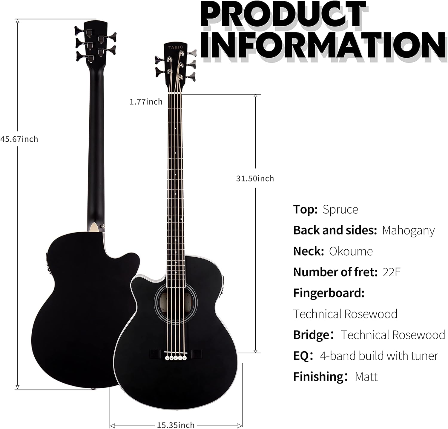 TARIO Left-handed 5 String Electric Acoustic Bass spruce top Mahogany back & sides (Left-handed 5 string)
