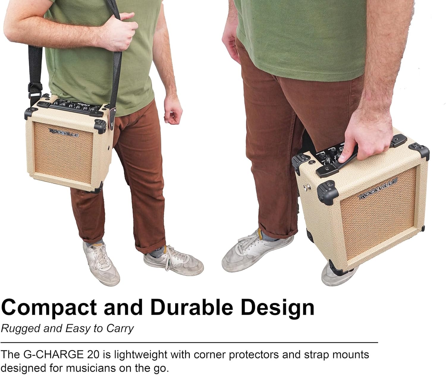 Rockville G-CHARGE 20 Beige 20W Battery-Powered Guitar Amplifier, 6.5” Speaker, Spring Reverb, Bluetooth, Mic Input, Kickback Stand, Rechargeable Amp, For Street Performances, Home Jams & Outdoor Play