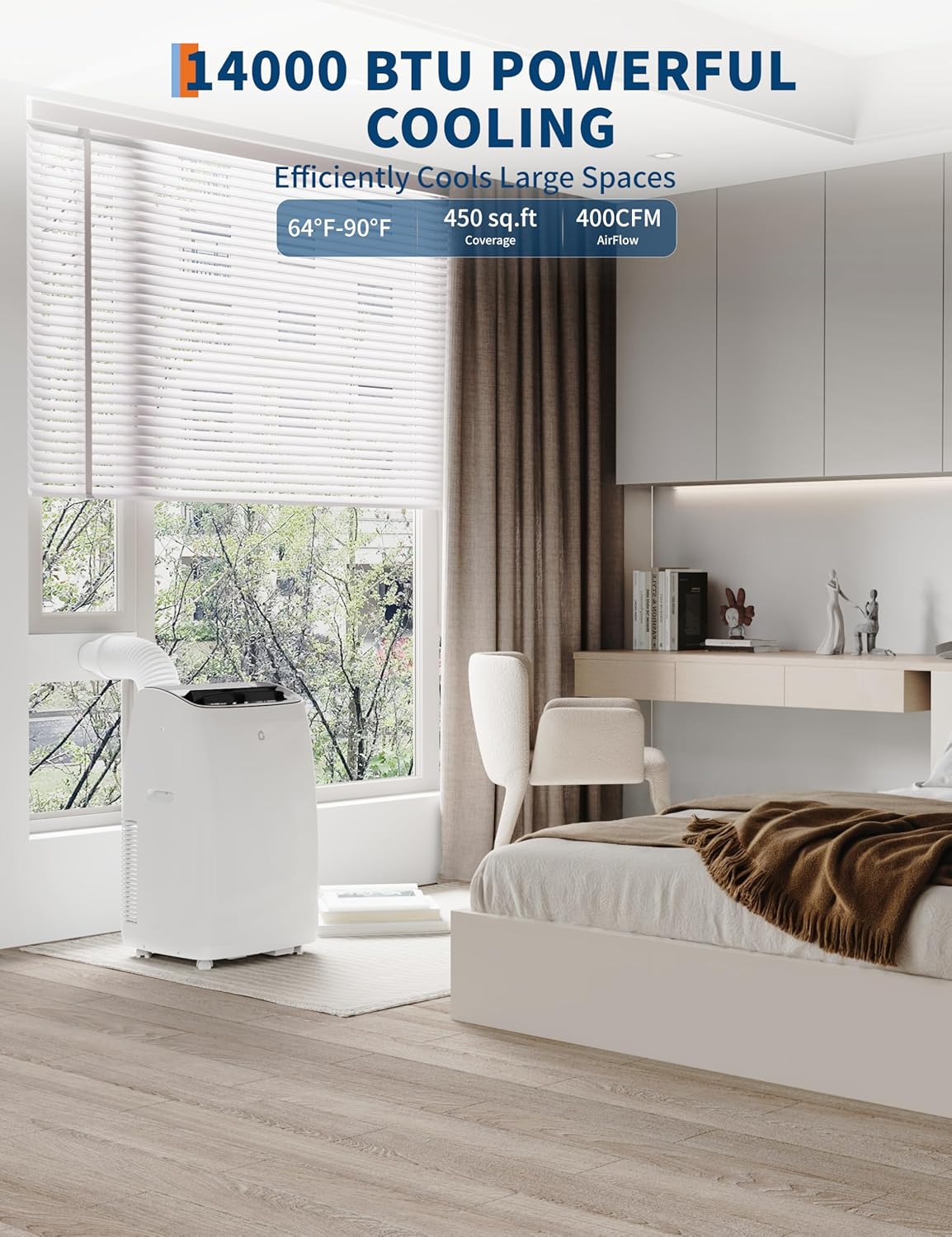 14000 BTU Portable Air Conditioner with Heat, 4 in-1 AC Unit with Fan, Dehumidifier & Heater, Cools & Sleep Mode for Rooms Up to 750 Sq.Ft, Remote Control & 24H Timer Windows Kit Included
