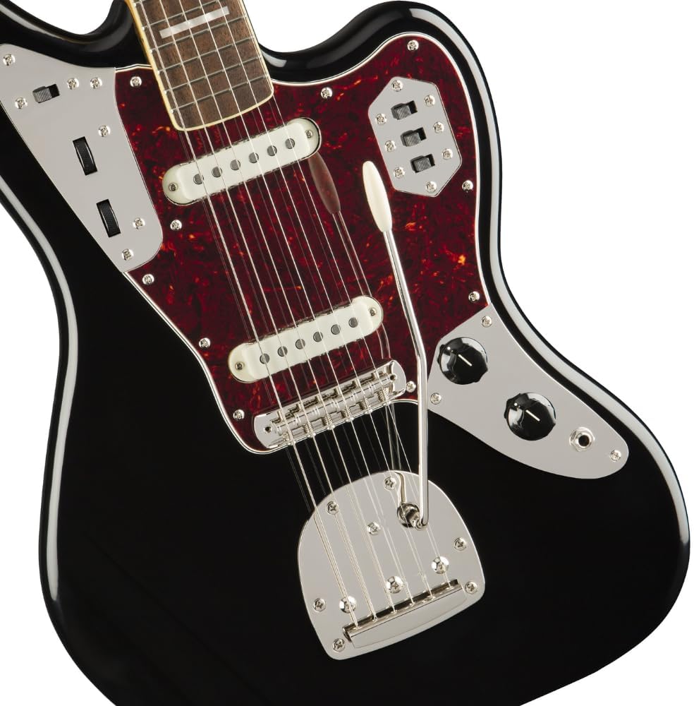 Fender Squier Classic Vibe '70s Jaguar - Indian Laurel Fingerboard, Black Bundle with Guitar Picks & Polishing Cloth