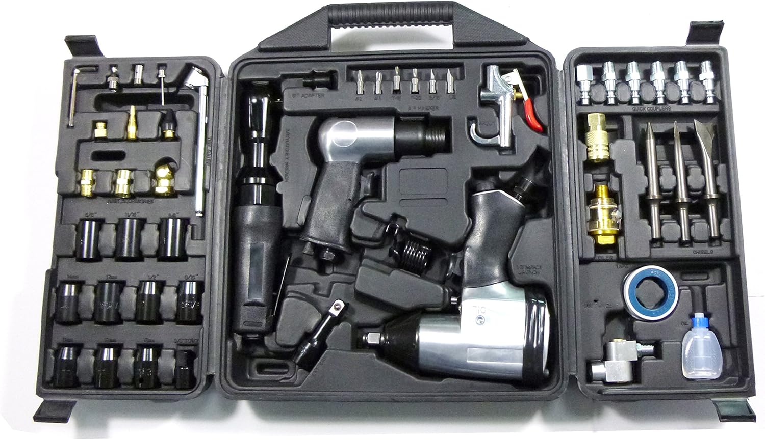 50 Pieces Air Tool Kit. 1-1/2'' Impact Wrench, 1-3/8'' Ratchet Wrench, 5-Air Hammer w/Chisels, and other great tool accessories. D-W3-50K