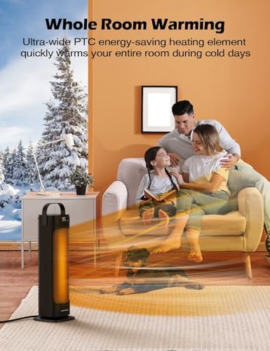 VAGKRI 24” Oscillating Ceramic Tower Space Heater，Fast Ceramic Heater with Thermostat and Remote,Portable Electric Heater with Tip-Over & Overheating Protection, 3 Modes for Bedroom, Office Black