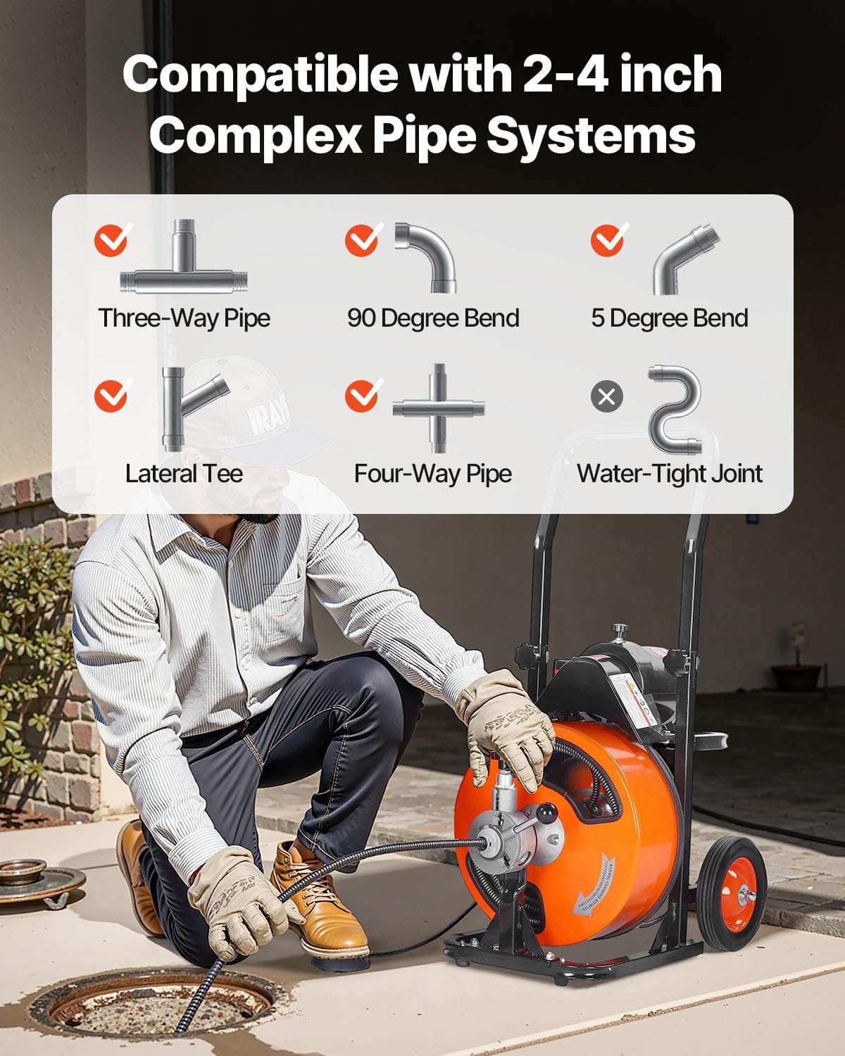 VEVOR Drain Cleaning Machine 50 FT x 1/2 Inch, Sewer Auger Auto Feed with 4 Cutter & Air-activated Foot Switch for 2