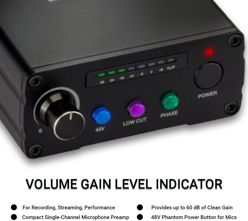 Microphone Preamp – Compatible with Shure, Dynamic Mics, Pre Amp for Microphones, and XLR Preamp for Studio and Podcasting