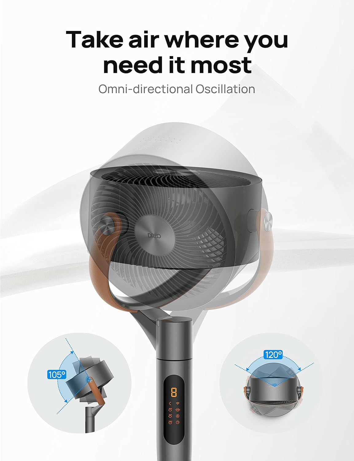 Dreo Smart Fan for Bedroom, 120°+105° Omni-directional Oscillating Standing Fans with Remote, 100ft Quiet Floor Fan for Room, Wi-Fi/Voice/Alexa, 6 Modes, 8 Speeds, 37-43'' Height, 12H Timer, DC Motor