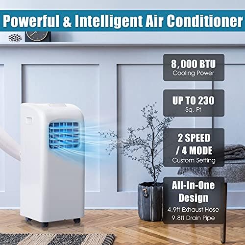 HOMGX 4-in-1 Portable Air Conditioner, 8000 BTU Powerful Air Cooler w/Fan, Dehumidifier, Cool & Sleep Mode, 2 Wind Speeds, 24H Timer, Control Panel, Remote Control, Rooms up to 230 sq. ft.