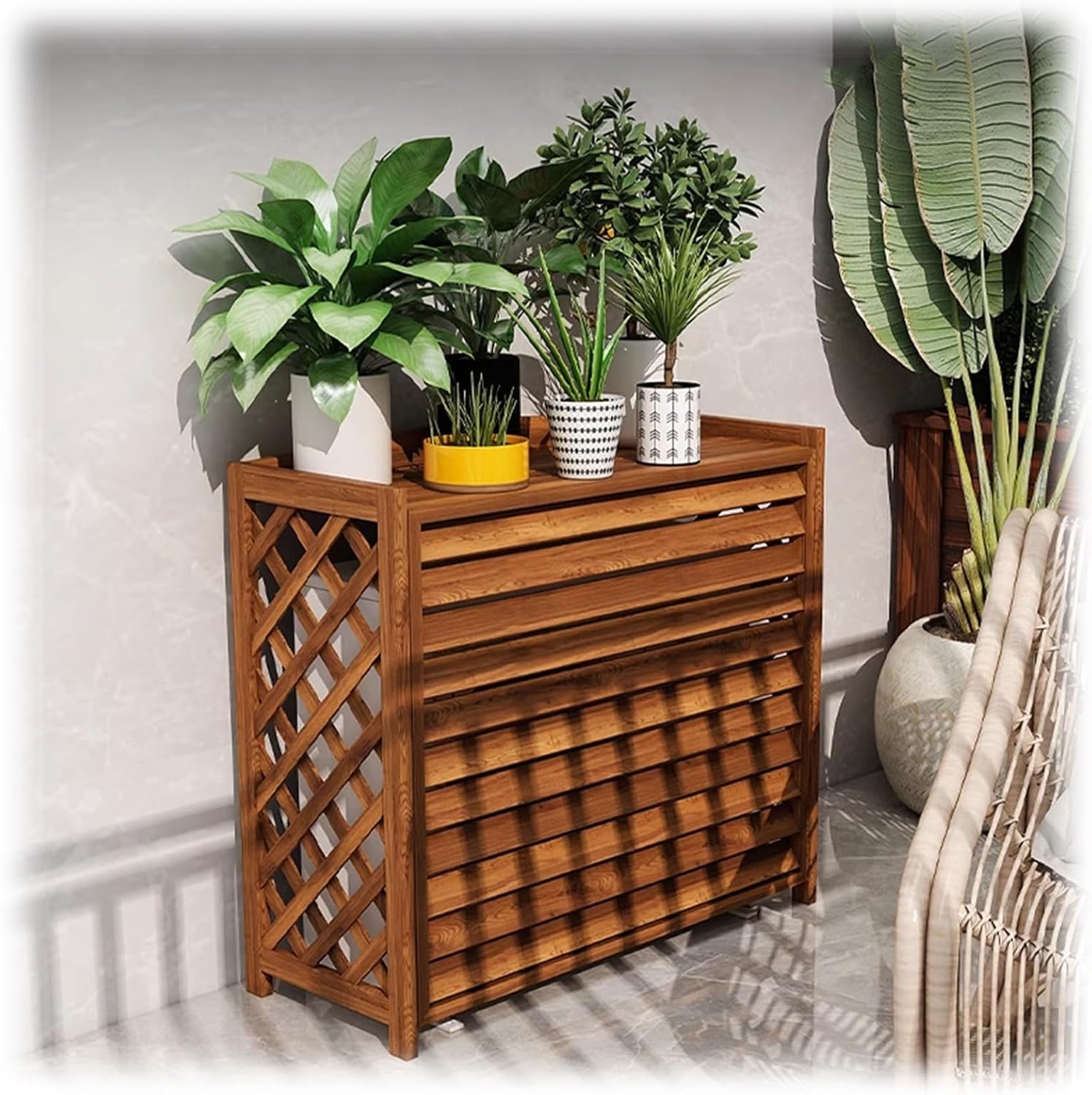 Air Conditioner Cover for Outside Units Stable Free Standing AC Fence Screen Wooden Storage Shelf for Outdoor Condenser Flower Shelf Decorative Easy to Install(Brown,L115cm*W54cm*H