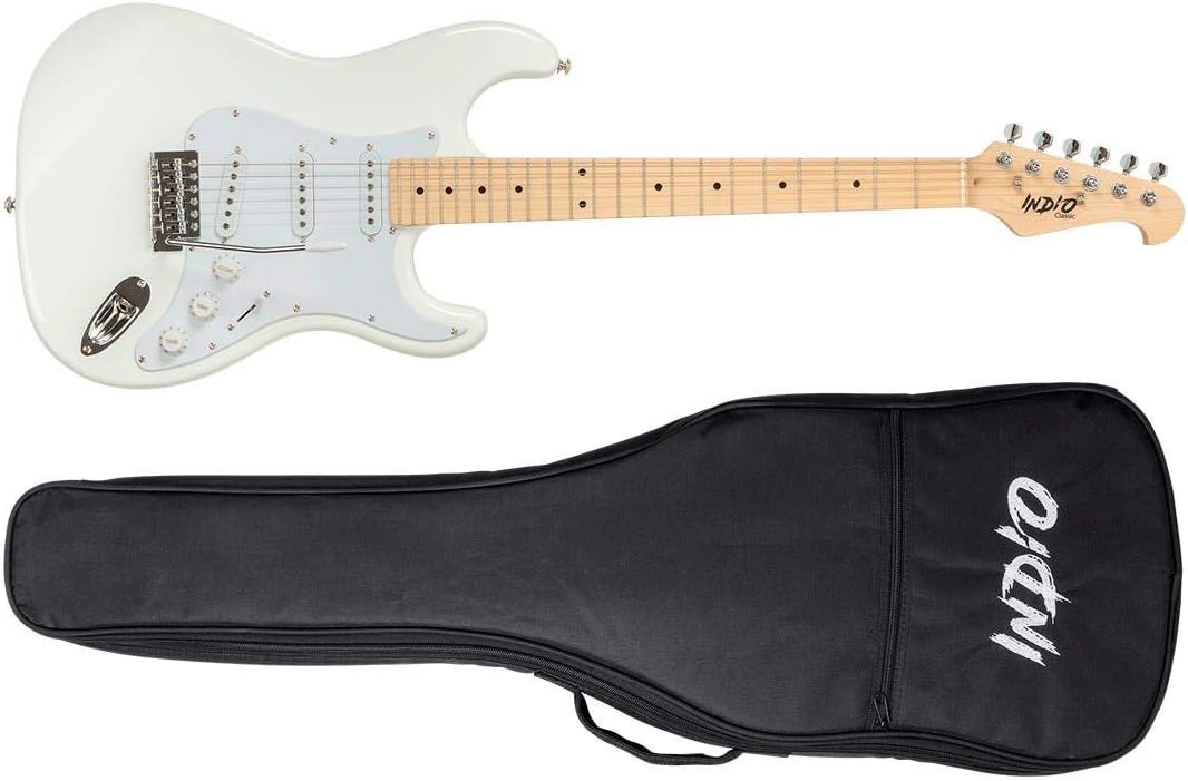 Monoprice Cali Classic Electric Guitar - White, 6 Strings, Double-Cutaway Solid Body, Right Handed, SSS Pickups, Full-Range Tone, With Gig Bag, Perfect for Beginners - Indio Series