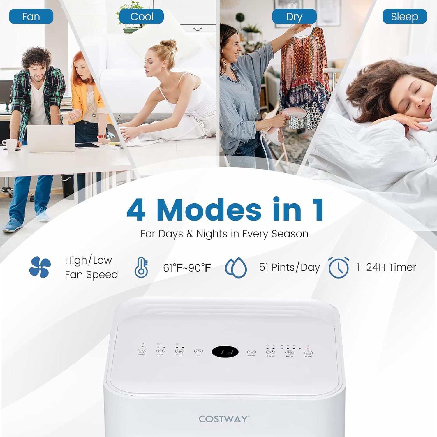 COSTWAY Portable Air Conditioner, 10000 BTU AC Unit with Cool, Fan, Dehumidifier & Sleep Mode for Rooms up to 350 Sq.Ft, with 24H Timer, Child Lock, Remote Control & Window Kit (White)