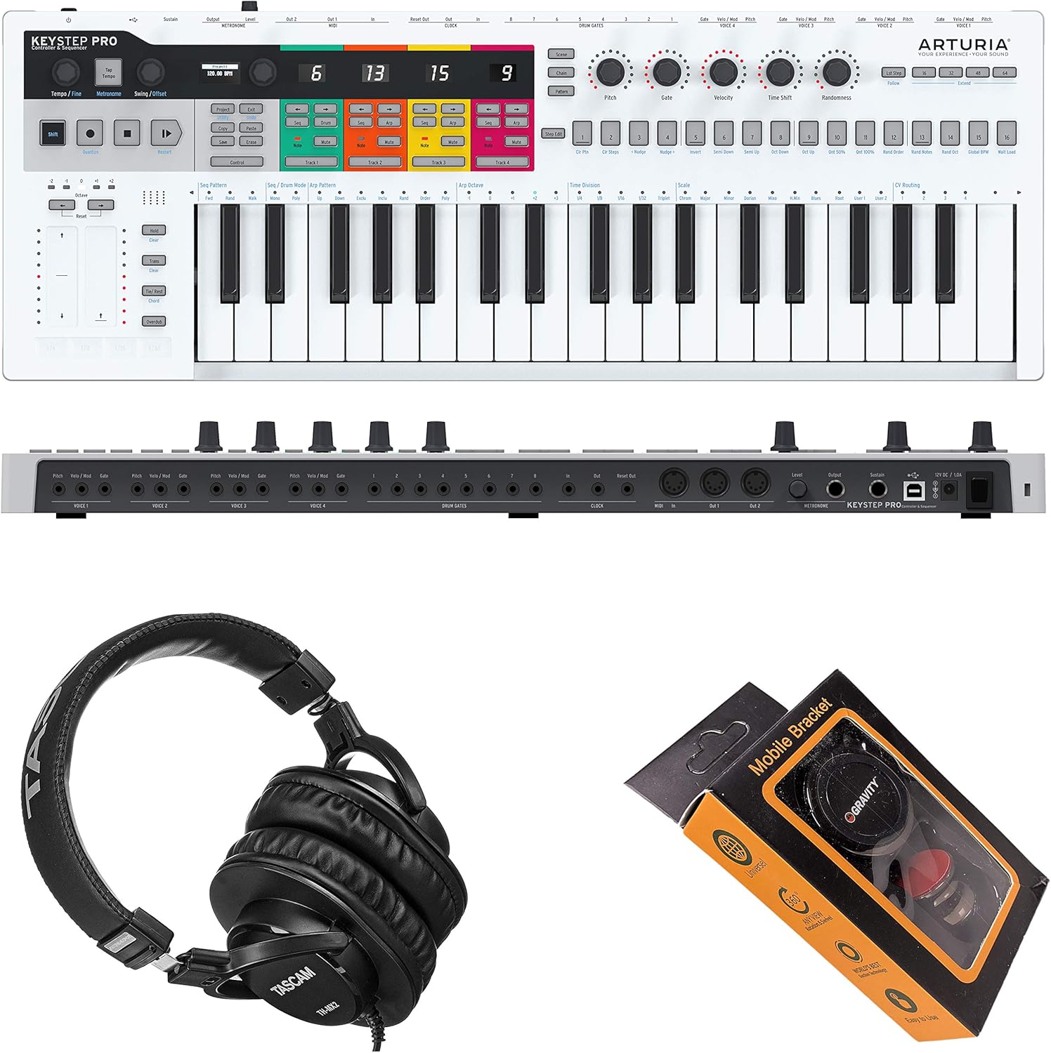 Arturia KeyStep Pro 37-Key USB/MIDI/CV Keyboard Controller and Sequencer, with Aftertouch, 4-Track Polyphonic Sequencer, and Metronome with Gravity Phone Holder and Pro Headphone Bundle