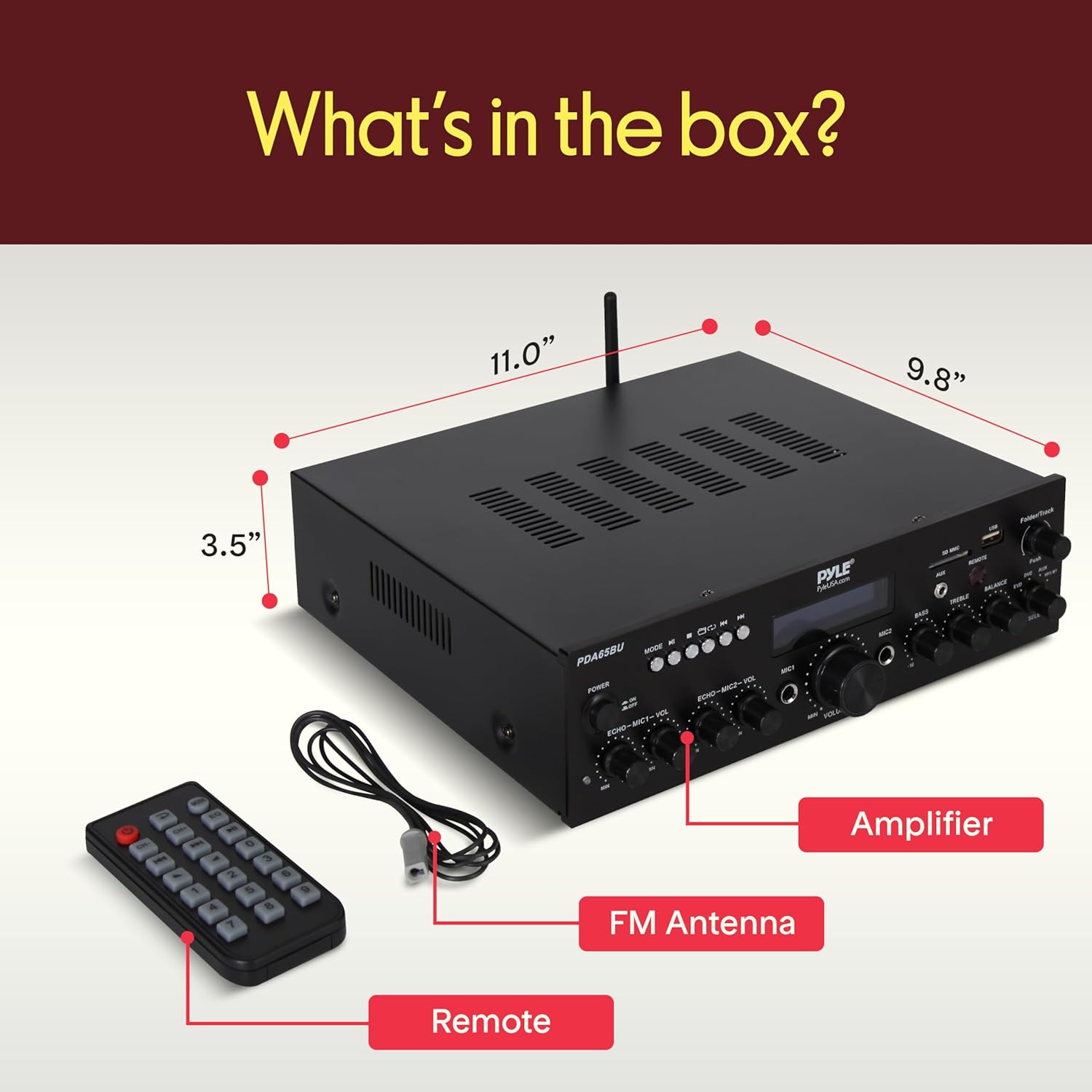 Pyle 200W Wireless Bluetooth Power Amplifier - Dual Channel Stereo Receiver with USB Flash Reader - SD Card - AUX - MIC IN w/ Echo - Radio - Home Theater - Studio Use - RCA Output - PDA65BU