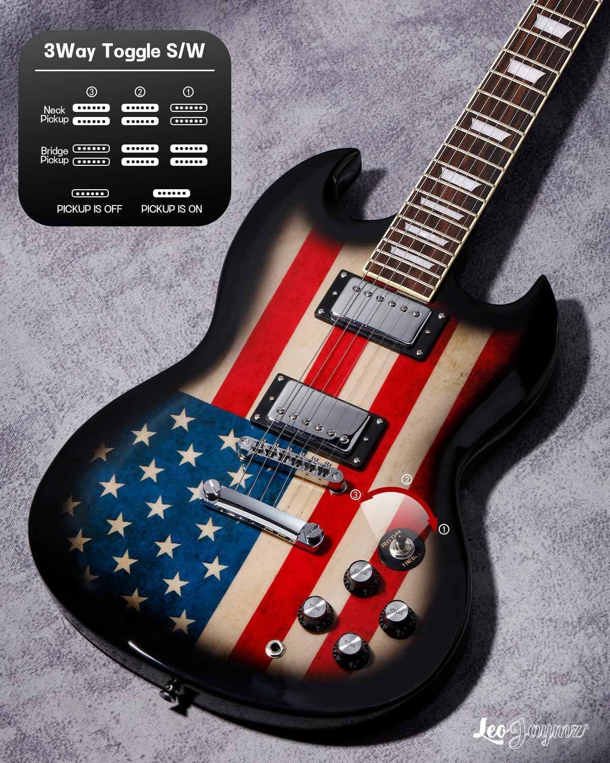 Leo Jaymz 39 Inch Solid Body Electric Guitar,Maple Neck and Laurel Wood Fretboard (US Flag)