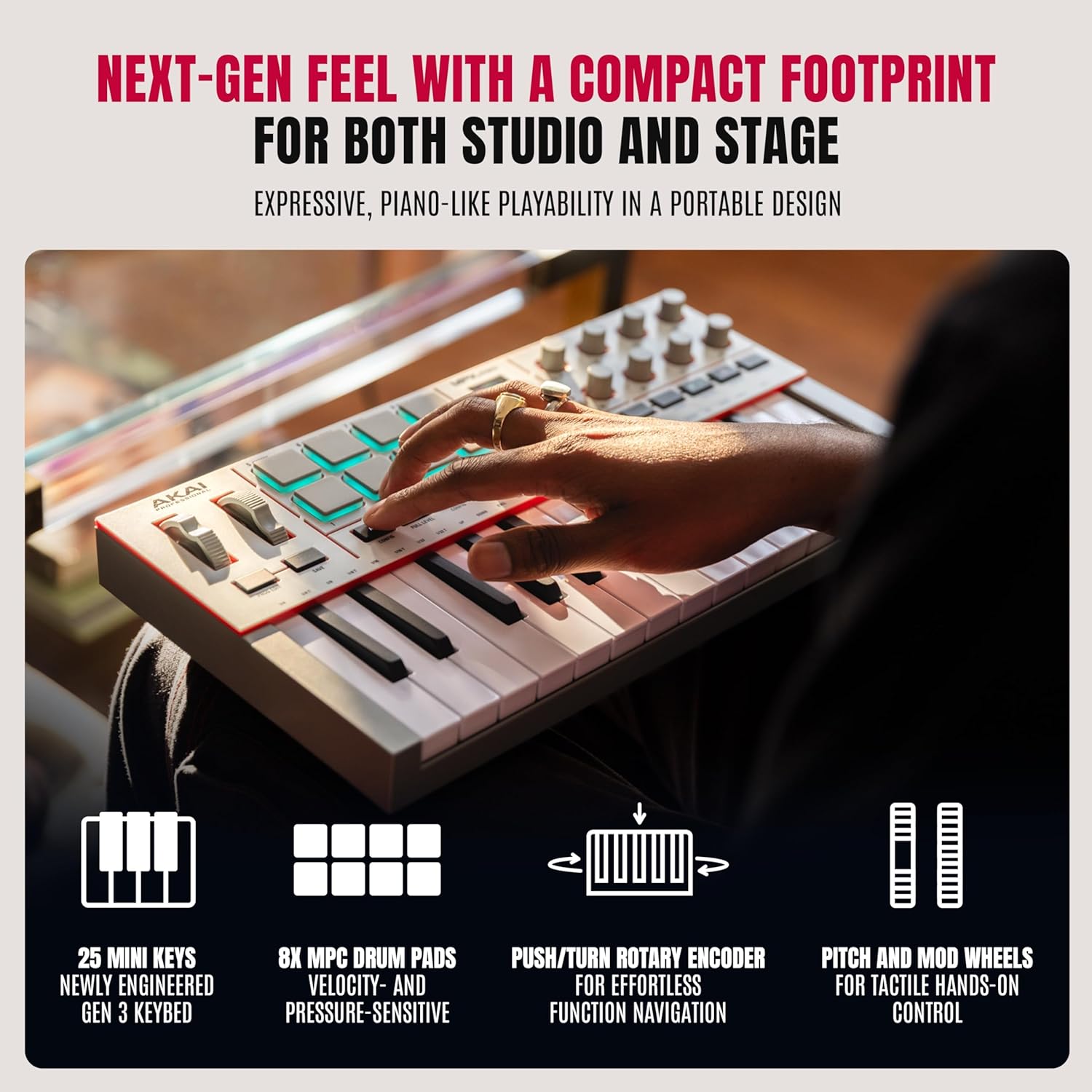 Akai Professional MPK Mini IV USB-C MIDI Keyboard Controller for Beginners and Producers - MPC Drum Pads, 360° Knobs, Pitch and Mod Wheels, Production Software, Native Instruments Sound Package, Grey