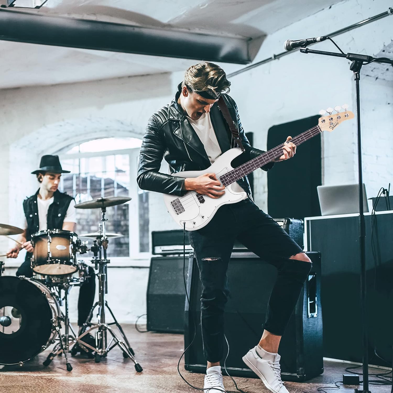 Glarry Electric Bass Guitar Full Size 4 String Rosewood Basswood Fire Style Exquisite Burning Bass (White)