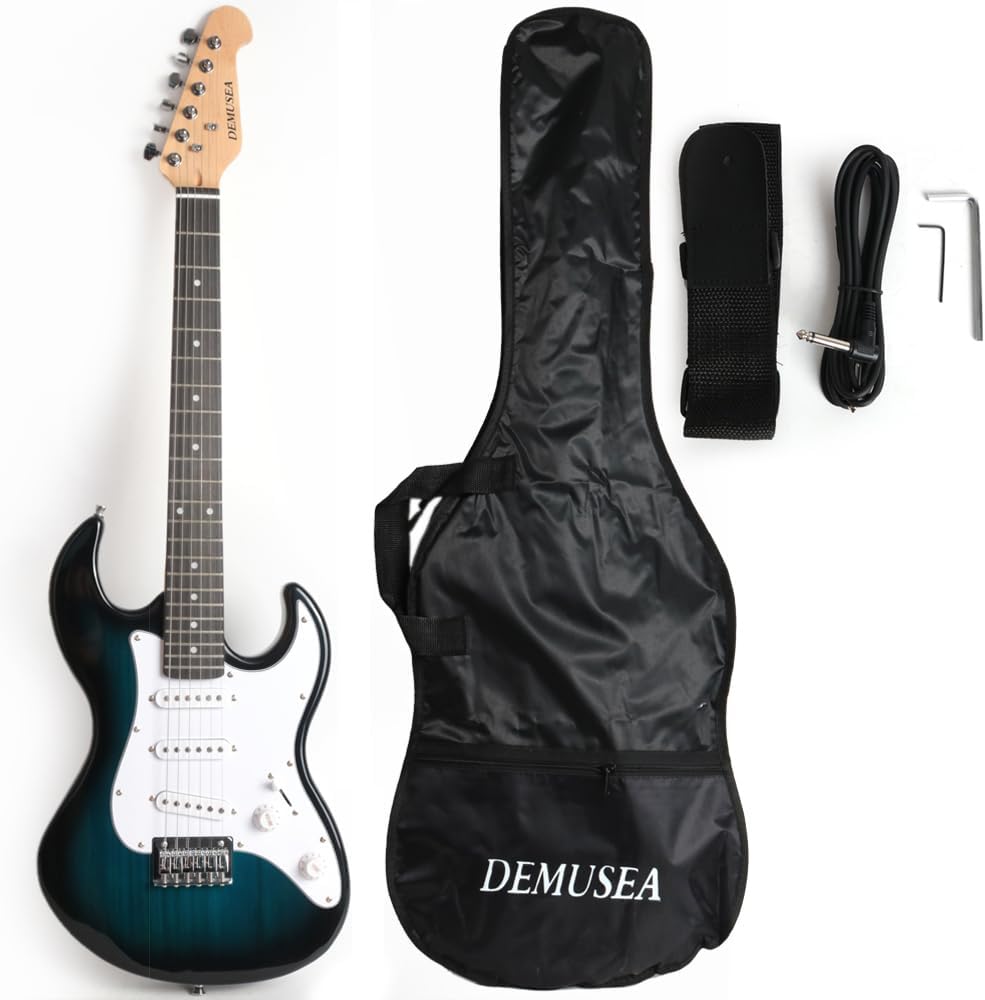 Electric Mini Guitar 36Inch 3/4 Short Scale Blueburst Color sss Pickups One Volume One Tone 5 Ways Toggle Portable For Starter Beginner Travel And Practice With Gigbag Strap Total