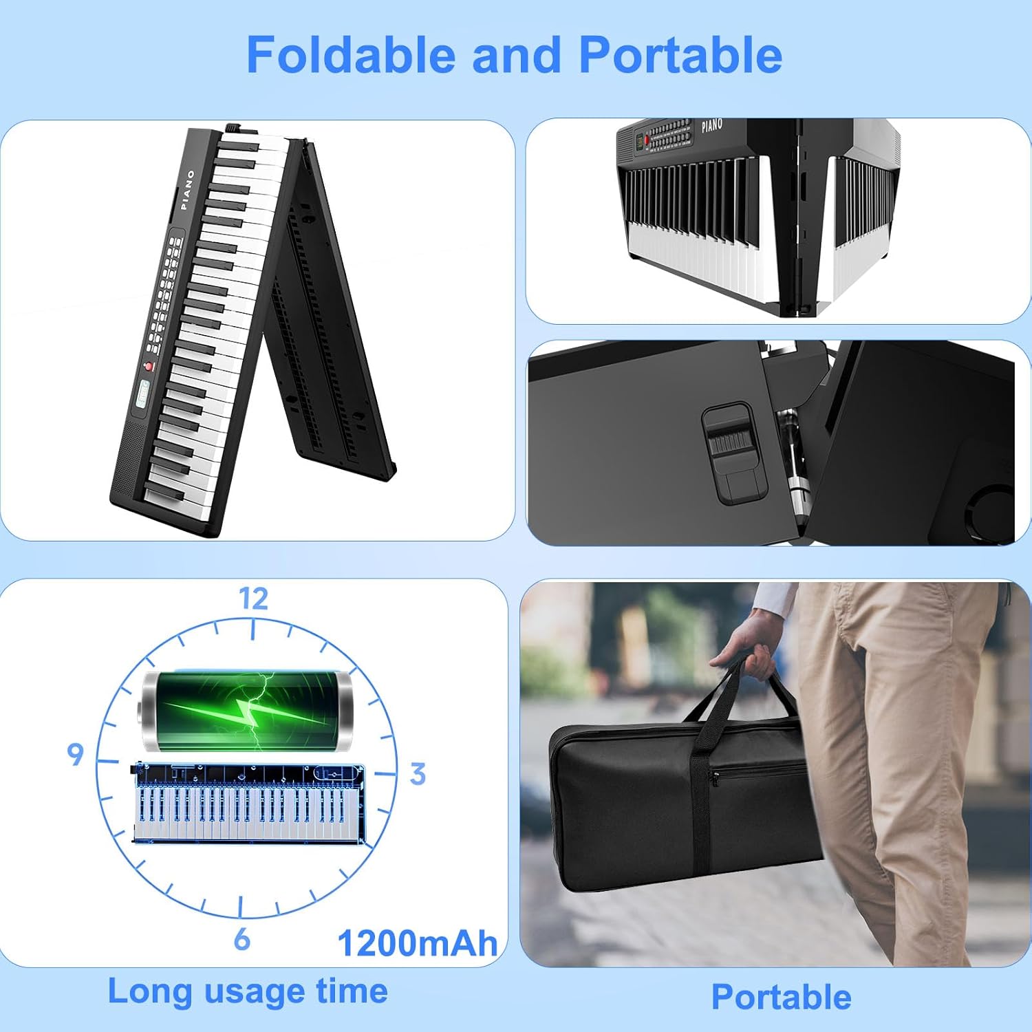 Electronic Piano keyboard,Foldable Full Size 88 Key Digital Pianos with Power Adapter,Pedal,Sheet Music Stand,Sticker,Bag,for Beginners,Black