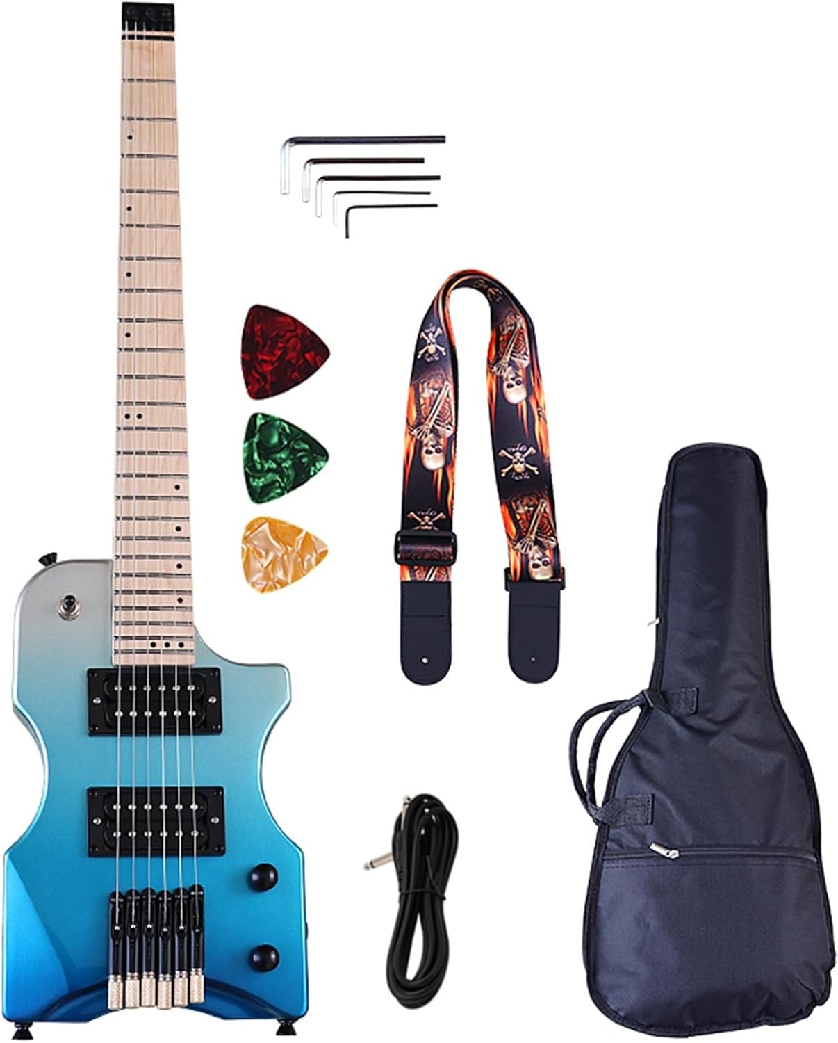 Mini Portable Guitar 6 String Travel Headless Electric Guitar 30 Inch High Gloss Finish Solid Basswood Body Professional Headless Guitar (Color : 02)