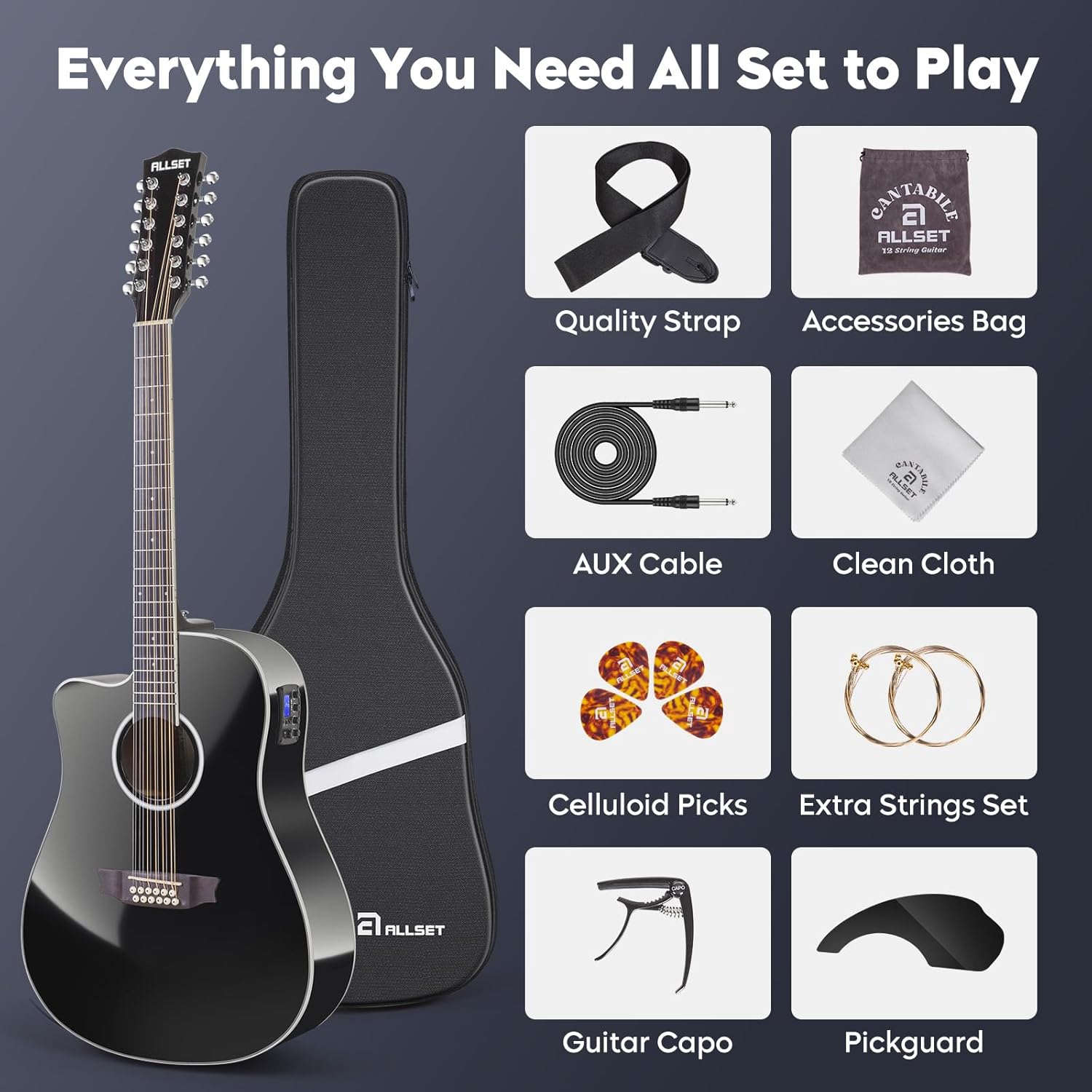 ALLSET Left Hand 12 String Guitar Acoustic Electric | Full Size Guitar with Cutaway, Spruce Top Guitarra Acustica, AUX Strap, Strings, Pick | Fingerstyle Kit for Live Performance | (Black)