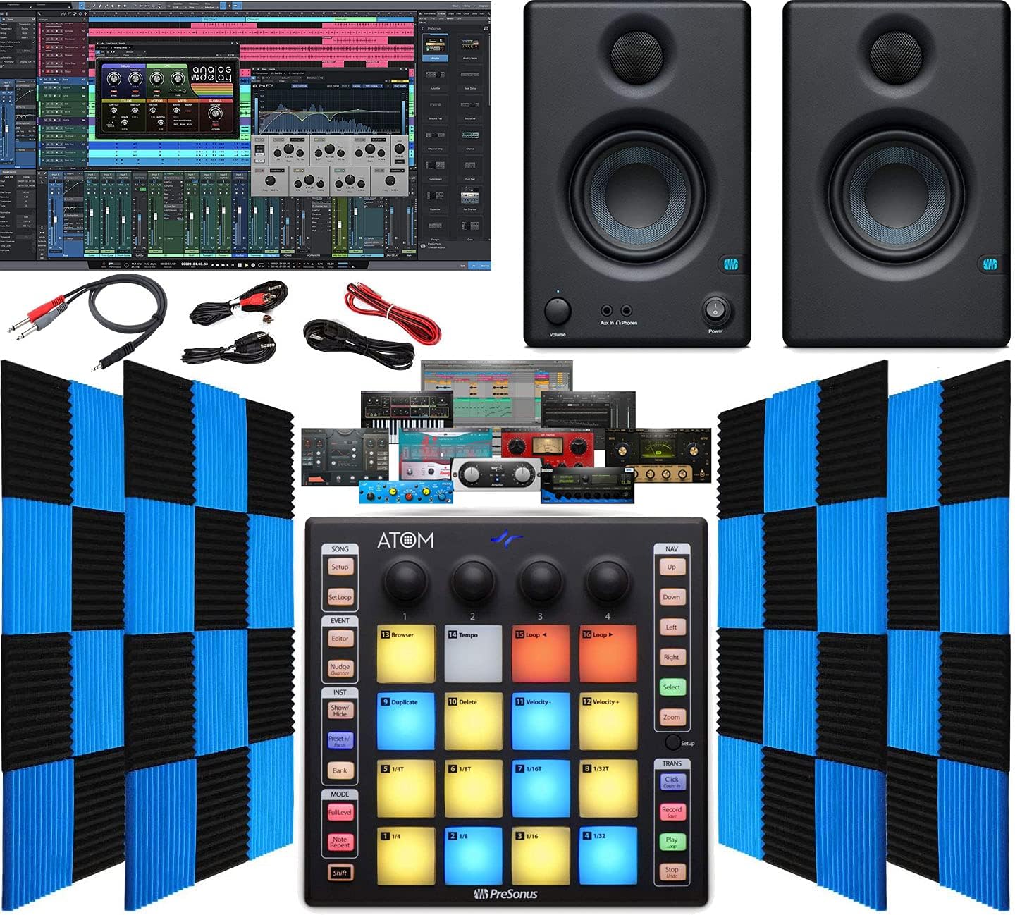 PreSonus ATOM Production/MIDI Pad Controller for USB/iPad & iOS | Eris 4.5 Pair Monitors, 24 Pack Acoustic Soundproof Foam Wedge Sound Insulation Panels + 3.5mm / TRS to Dual 1/4