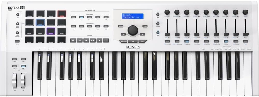 Arturia KeyLab 49 MkII Professional MIDI Controller and Software | White Bundled with Patch Cables |4pk + MIDI Cable + Cleaning Cloth + Keyboard Stand + Bench (6 Items)
