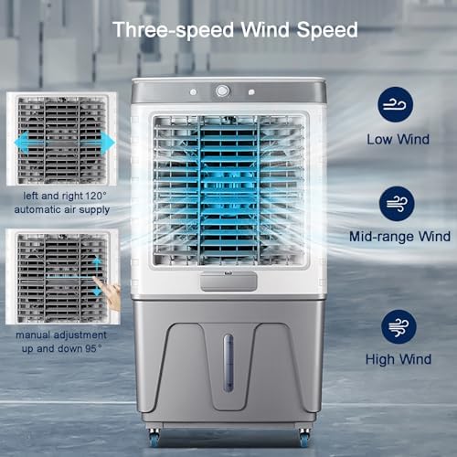 Evaporative Air Cooler 3 Speeds Air Conditioner, 3-in-1 Air Cooler with 55 Litre Capacity, 120° Oscillating Water Cooler Fan
