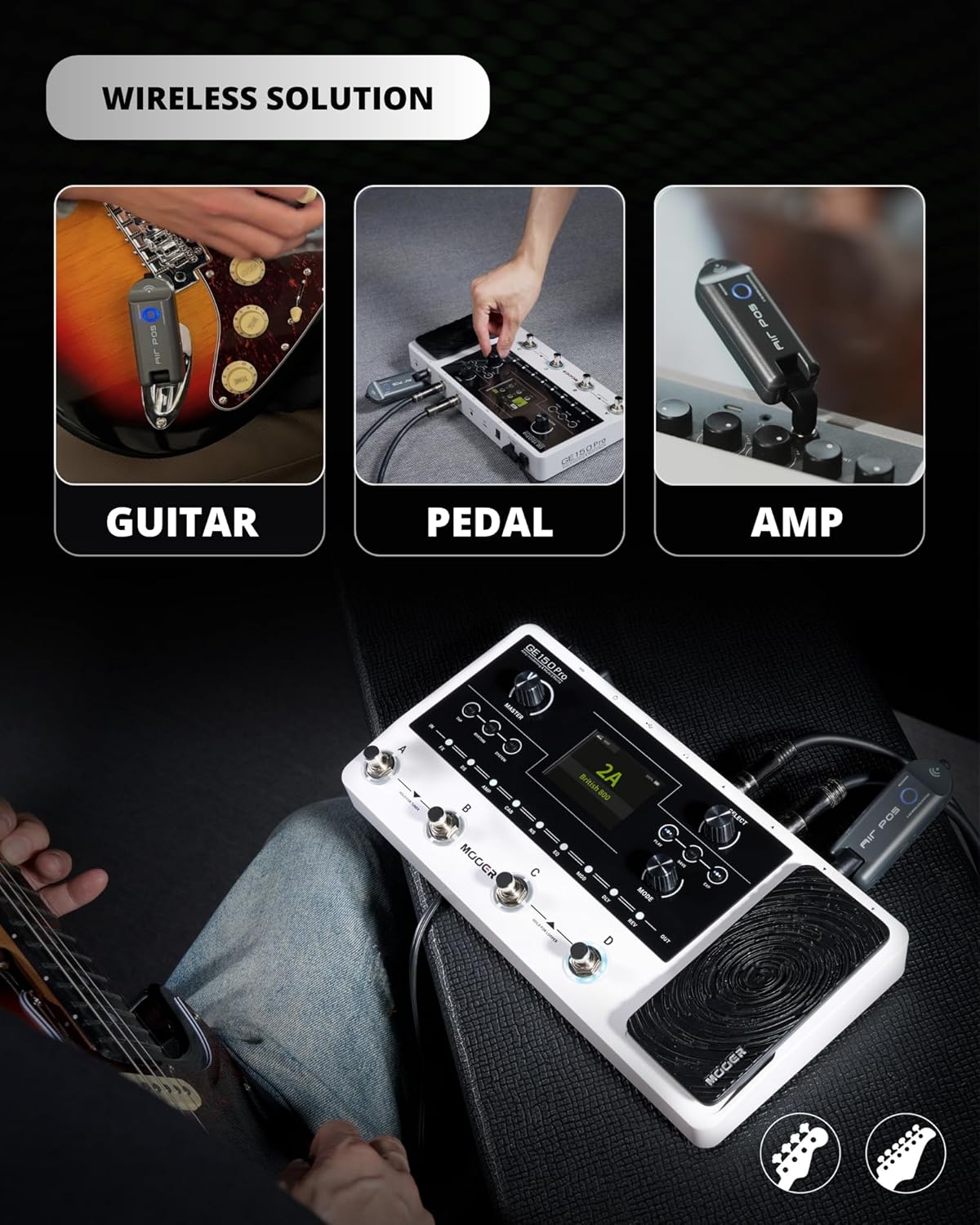MOOER GE200 Amp Modelling Multi Effects with Air P05 Guitar Wireless System Cordless Guitar Cable