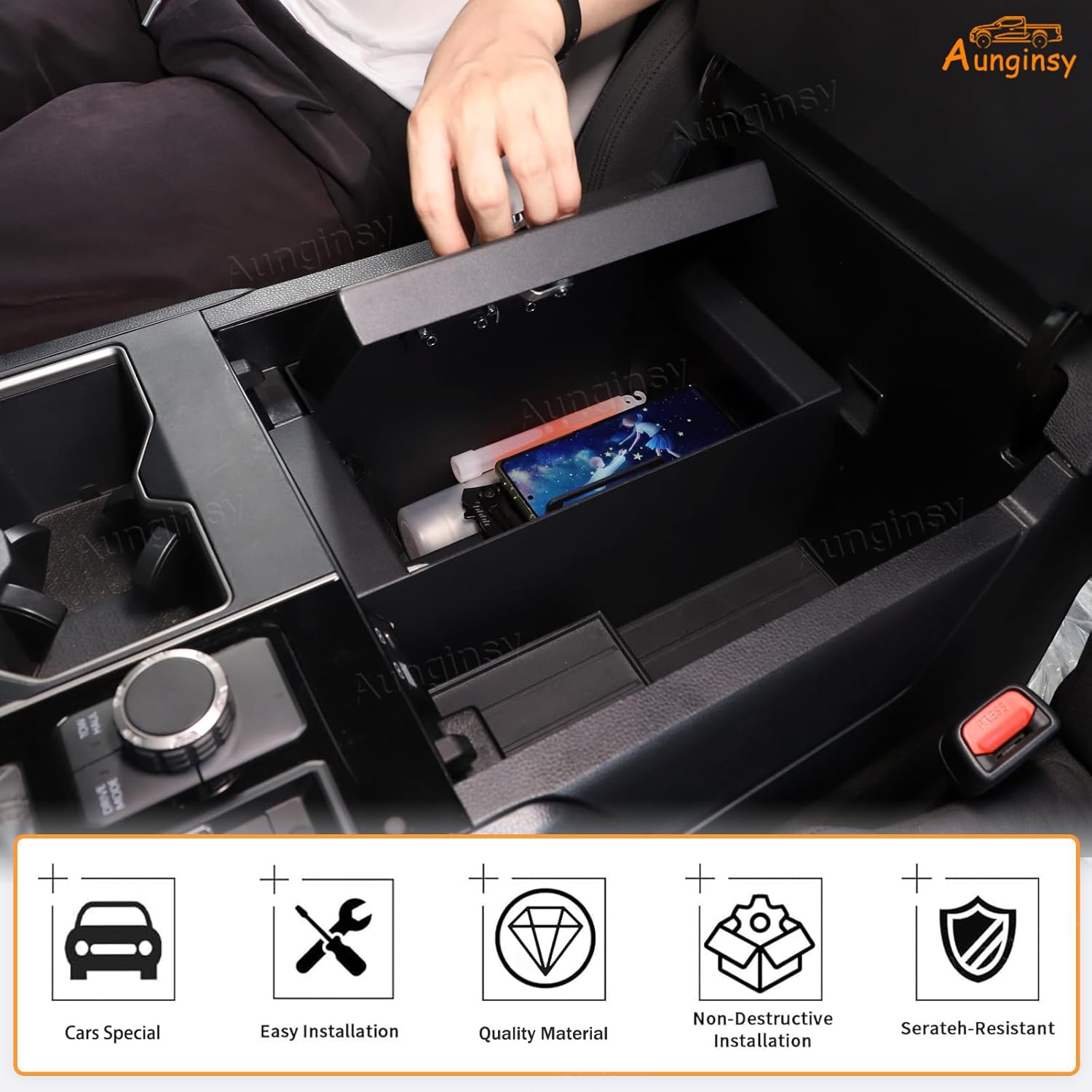 Car Center Console Lock Safe Box Armrest Storage Compatible with Toyota Tundra 2022-2026, Center Console Lock Box Armrest Security Organizer Tray Vault with 3 Digit Combo Password Insert Accessories