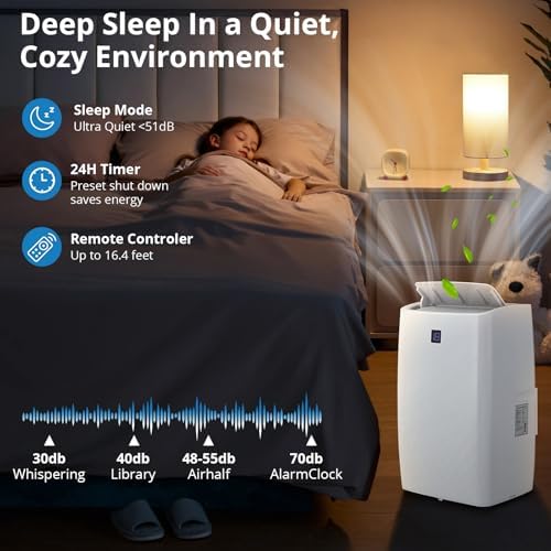 Powerful 14,000 BTU Portable Air Conditioners, Cools Up to 750 Sq.Ft, 3-IN-1 Quiet Portable AC Unit with Remote Control & Installation Kits for Large Room, Smart/Sleep Mode, Auto Swing & 24-Hour Timer