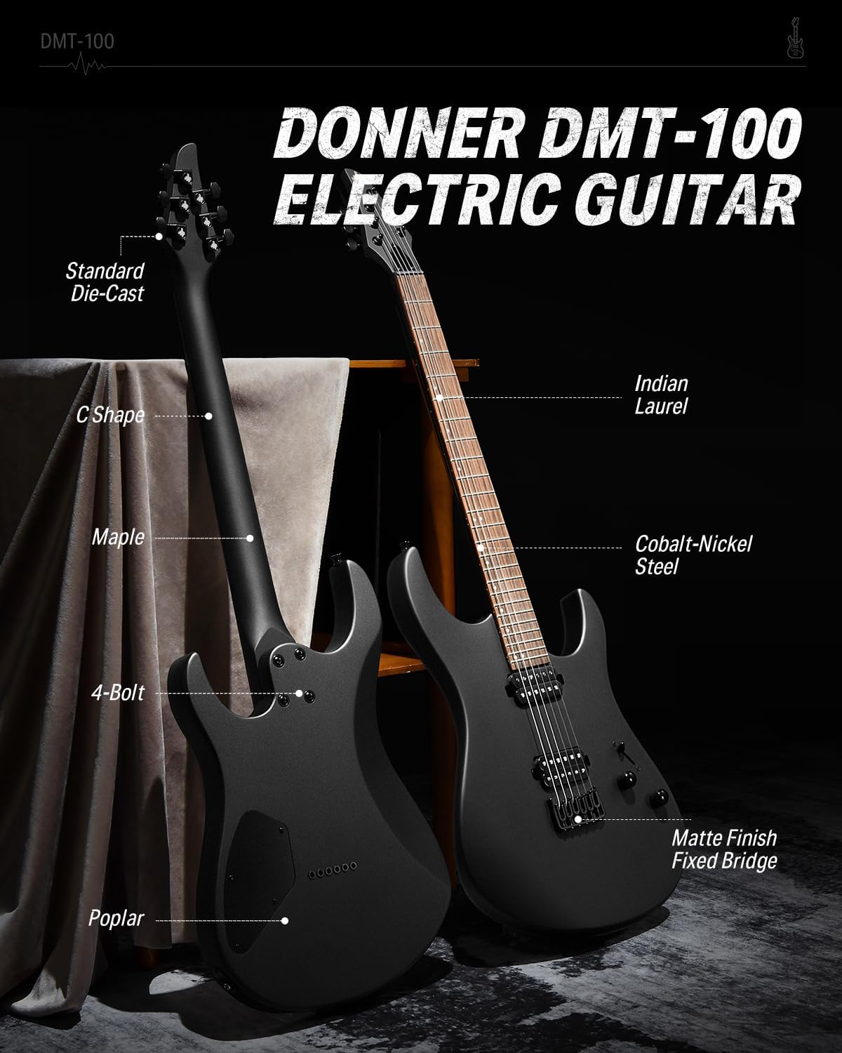 DMT-100 Solid Body Electric Guitar, 39 Inch Metal Electric Guitar, Matte Black and DEA-20 Electric Guitar Amp 20W
