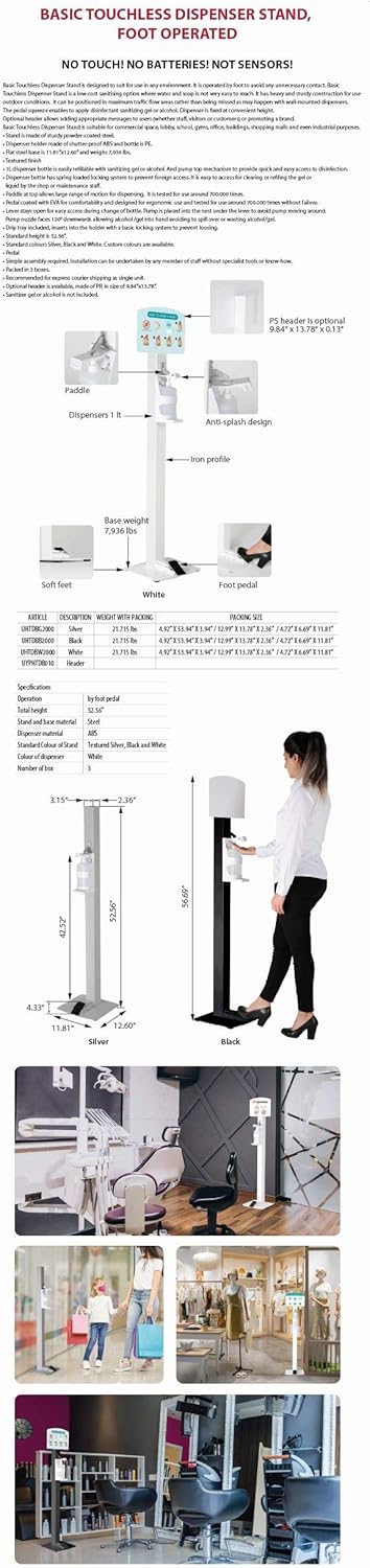 M&T Displays Basic Hand Sanitizer Dispenser Station Gray Handsfree Touchless Foot Operated Refillable 1000 mL. (33.8 oz.) for Liquid/Lotion Soap Sanitizing Products Floor Standing Commercial