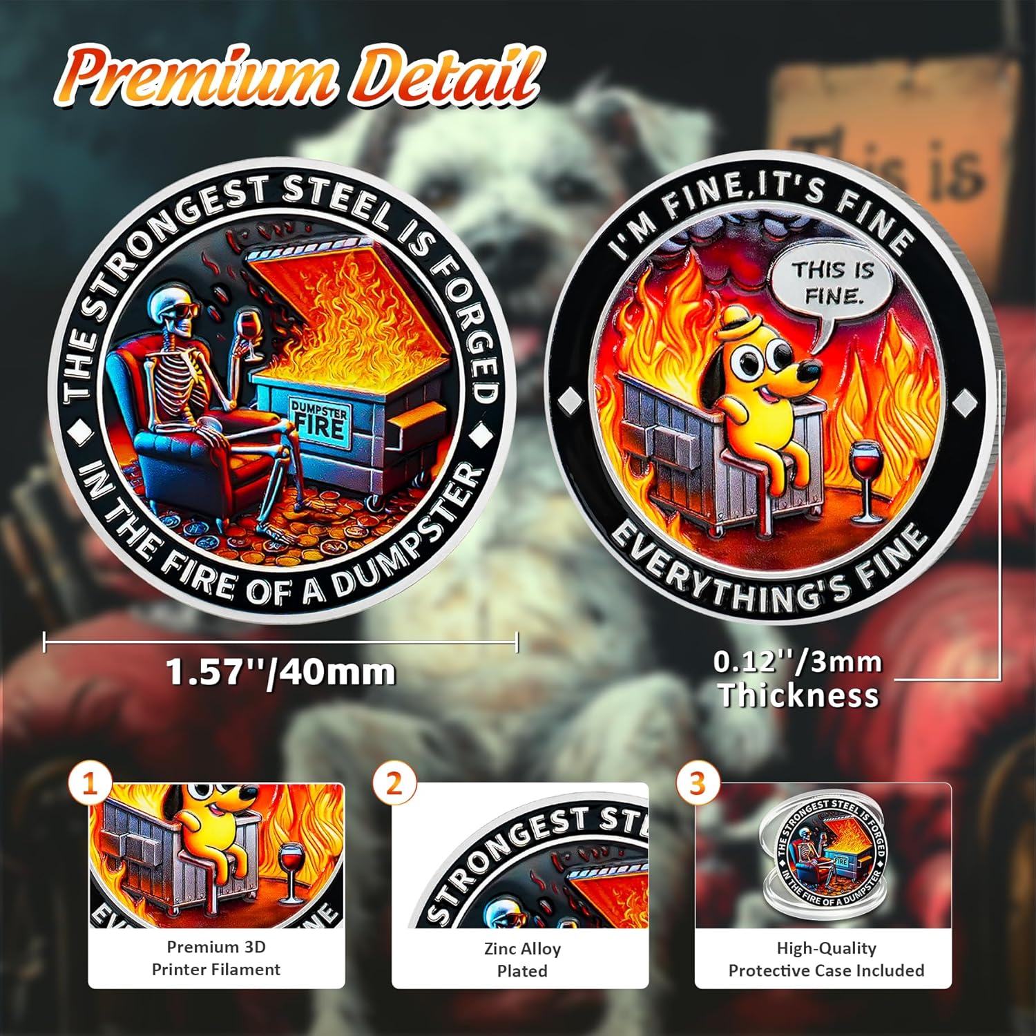 10PCS Skull Dumpster Fire Challenge Coin - The Strongest Steel is Forged Dumpster Fire Coin - Emotional Support This is Fine Chip - Funny Desk Accessories for Work - Inspirational Gifts for Men Women