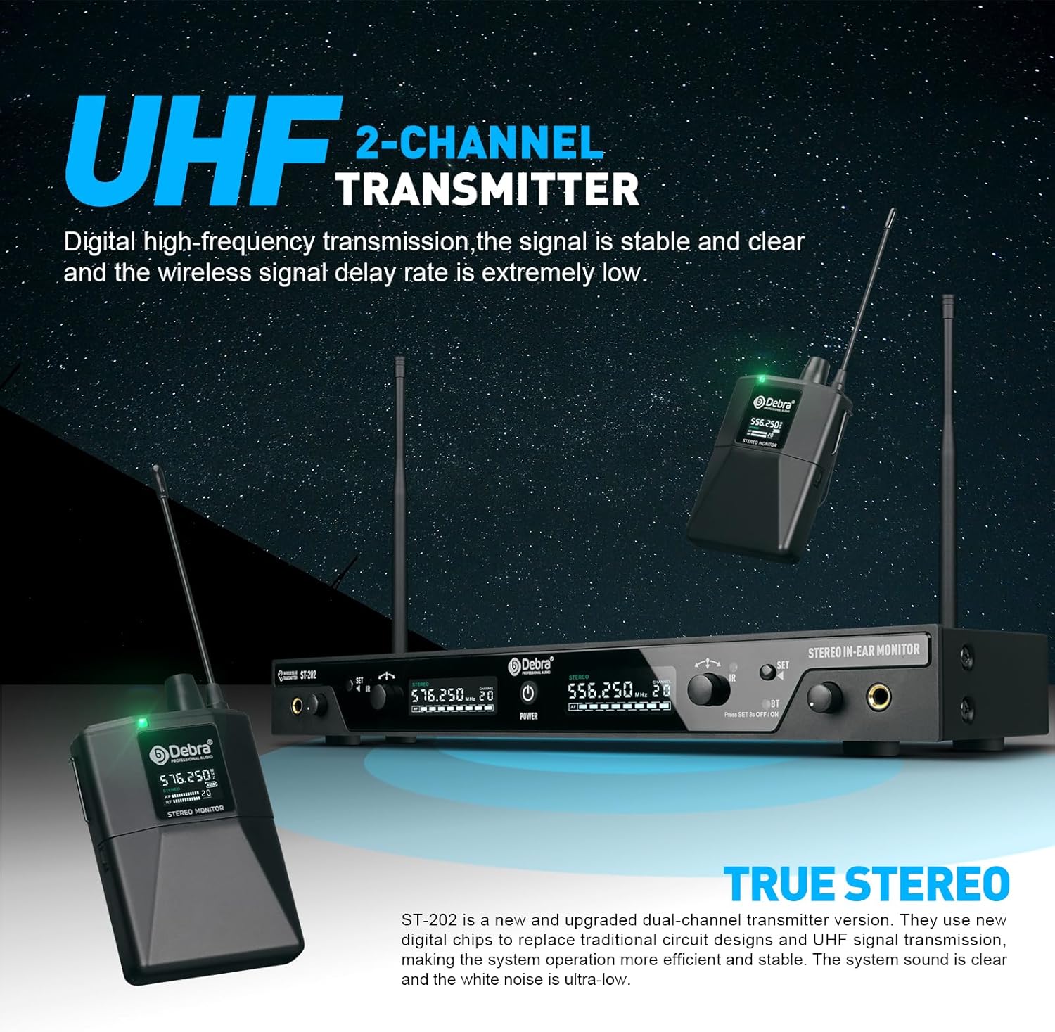 D Debra Audio PRO ST-202 UHF Stereo Wireless in Ear Monitor System, Dual Channel Wireless IEM with Monitoring Type for Stage, Receiver for Studio, Guitar, Band Performance (Dual Channel, 4 Bodypack)