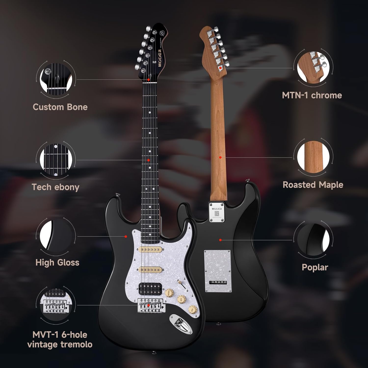 MOOER Electric Guitar Black Beginner Practice Guitar Kit, 25.5