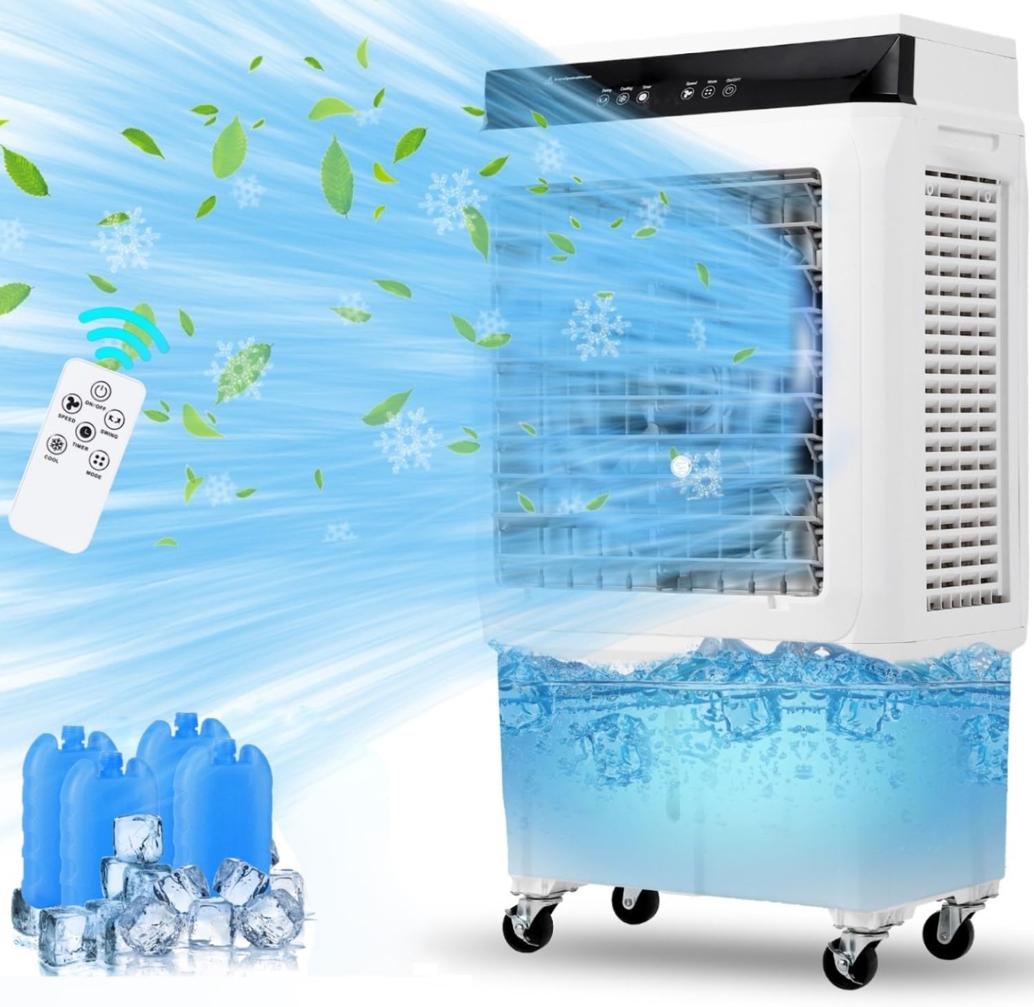 Evaporative Air Cooler, 3500CFM Portable Swamp Cooler with Remote Control & 12H Timer, 3 Cooling Modes & 3 Speeds, Includes 4 Ice Packs, 8.4 Gallon Water Tank, 4 Lockable Casters